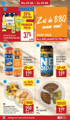 Gesneden fruit, Ananas, watermeloen, meloenmix en fruitsalade. 175 g. Per stuk 1.25. - Voorbeeld van een folder van Aldi, geldig van 03-08-2026 | Pagina: 24 | Producten: Druif, Bier, Worst, Fruit