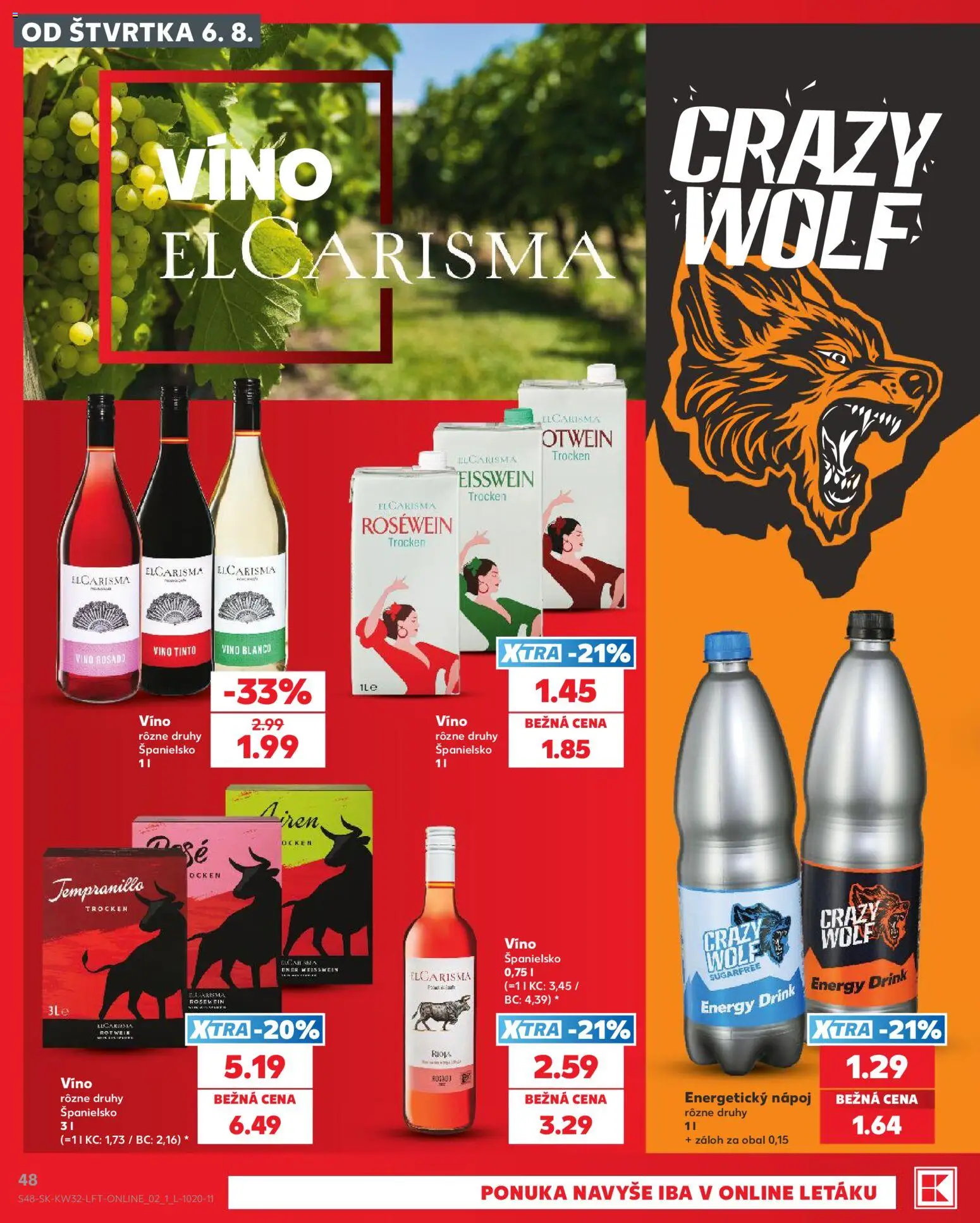 Nové Kaufland akcie – leták je platný od 06.08.2026 | Strana: 48 | Produkty: Víno, Energetický nápoj