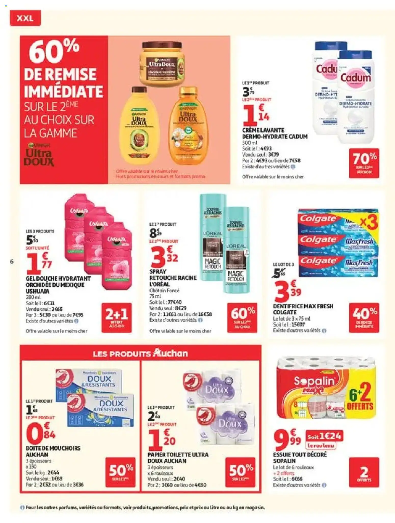{H1} | Page: 6 | Produits: Gel douche, Dentifrice, Mouchoirs, Crème