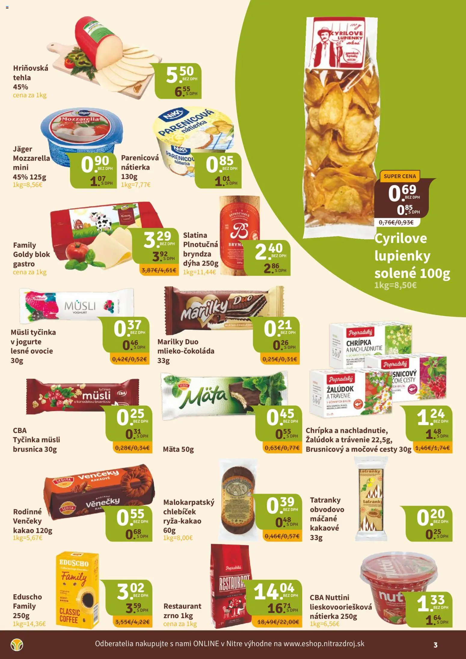 Nové Nitrazdroj akcie – leták je platný od 18.09.2026 | Strana: 3 | Produkty: Venčeky, Müsli tyčinka, Mozzarella, Nátierka