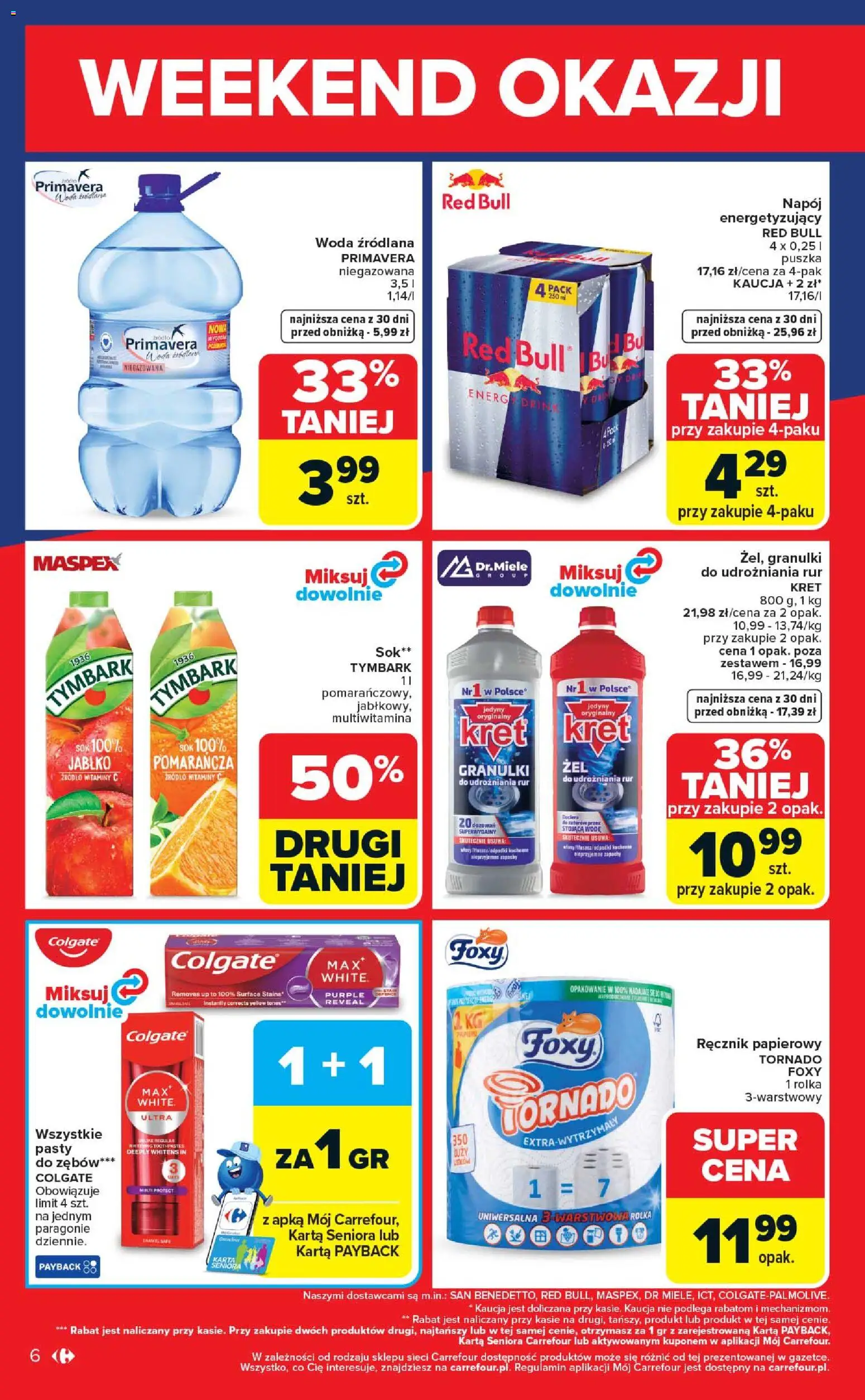 Carrefour gazetka - Weekend okazji od 14.05.2026 | Strona: 6 | Produkty: Karta, Red bull, Woda źródlana, Ręcznik papierowy