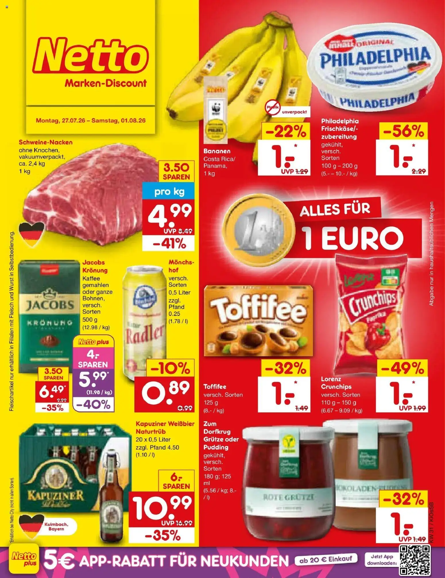 Netto Marken-Discount Prospekt Nürnberg – gültig ab 27.07.2026 | Seite: 1 | Produkte: Kaffee, Weißbier, Pudding, Radler