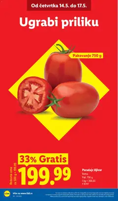 Paradajz šljivar, Roma, Pak. 750 g - pregled Lidl kataloga - važi od 14.05.2026 | Strana: 2 | Proizvode: Pakovanje, Paradajz