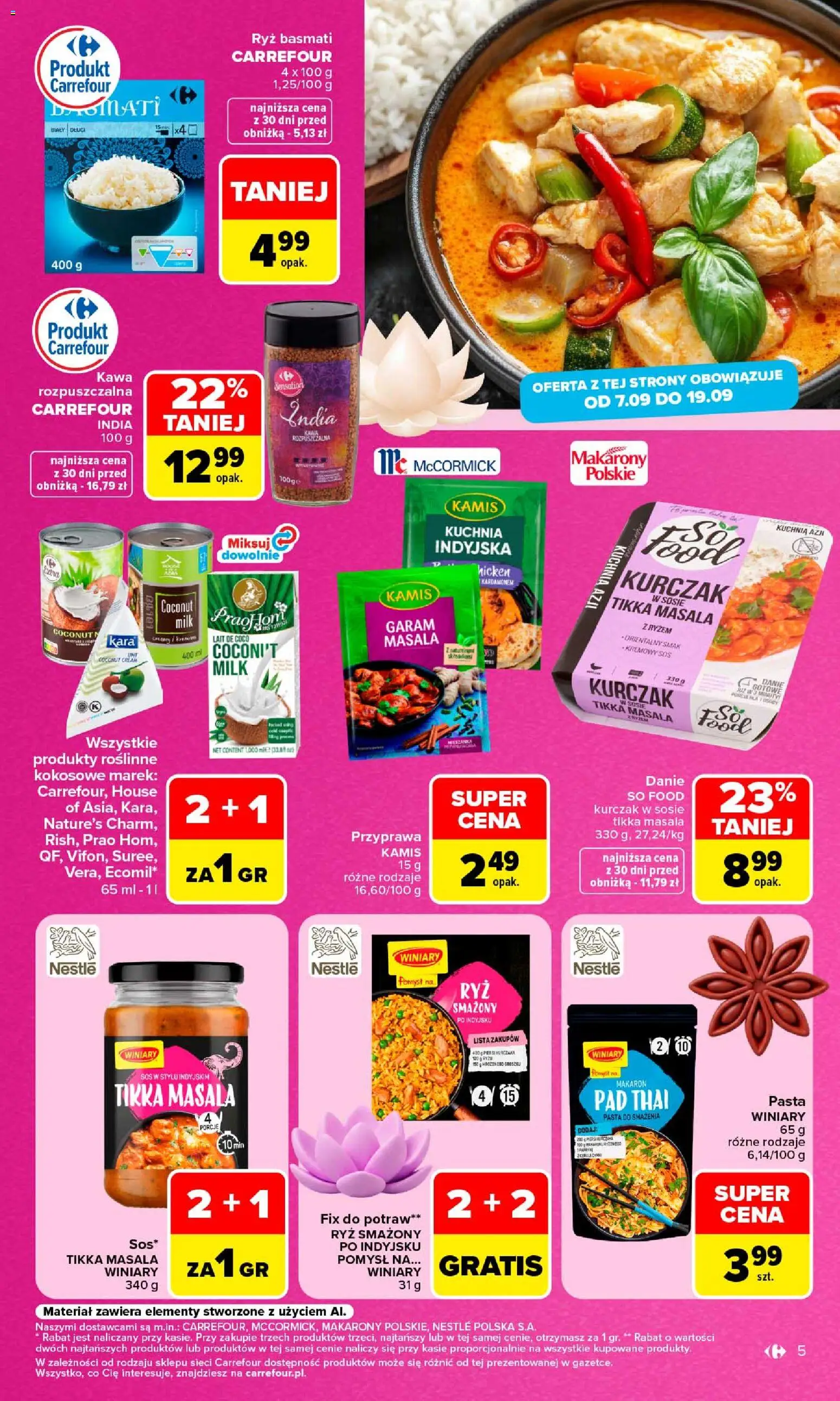 Carrefour gazetka - Kuchnia indyjska i tajska od 07.09.2026 | Strona: 5 | Produkty: Kurczak, Kawa rozpuszczalna, Makaron pad thai, Ryż basmati