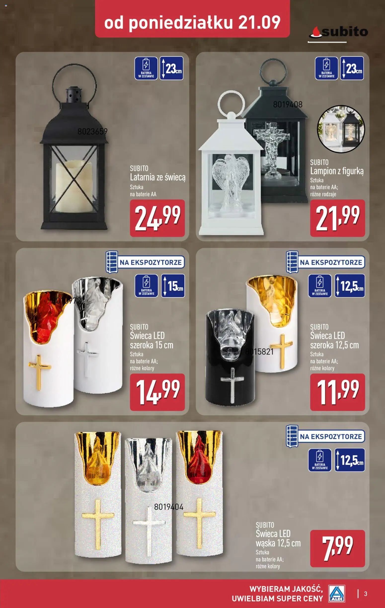 Aldi Polsko leták - Znicze i stroiki od 21.09.2026 | Strana: 3 | Produkty: Lampión, Baterie AA, Baterie, LED