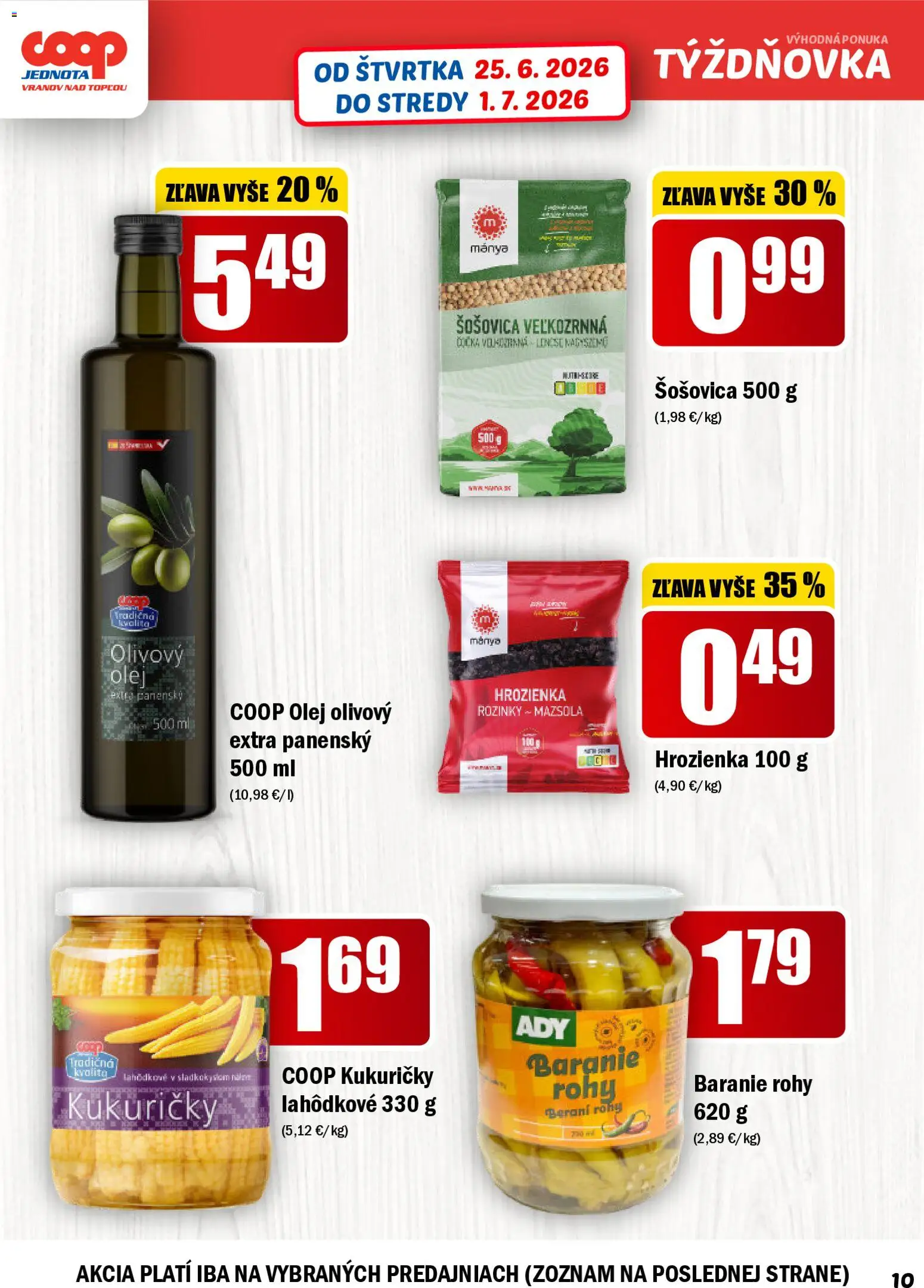 Nové COOP Jednota akcie – leták je platný od 25.06.2026 | Strana: 10 | Produkty: Olej, Šošovica, Hrozienka