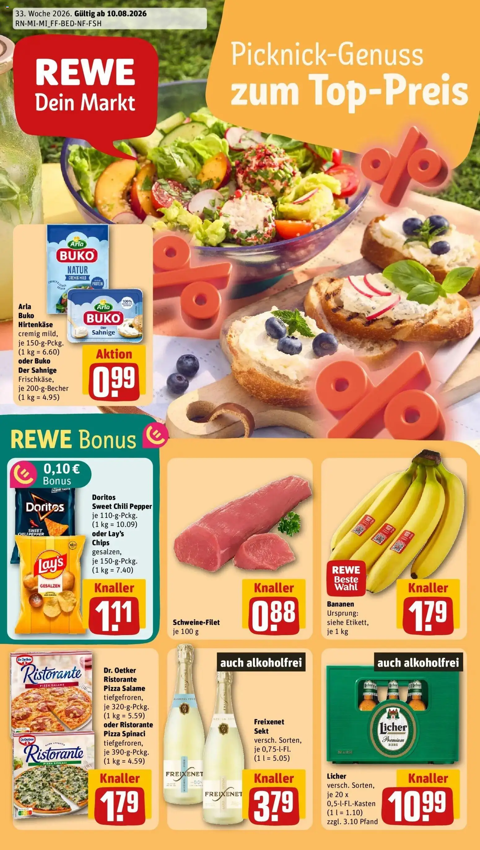 REWE Prospekt ab 10.08.2026 zum Blättern » Angebote | Seite: 1 | Produkte: Ristorante, Freixenet, Bananen, Chips