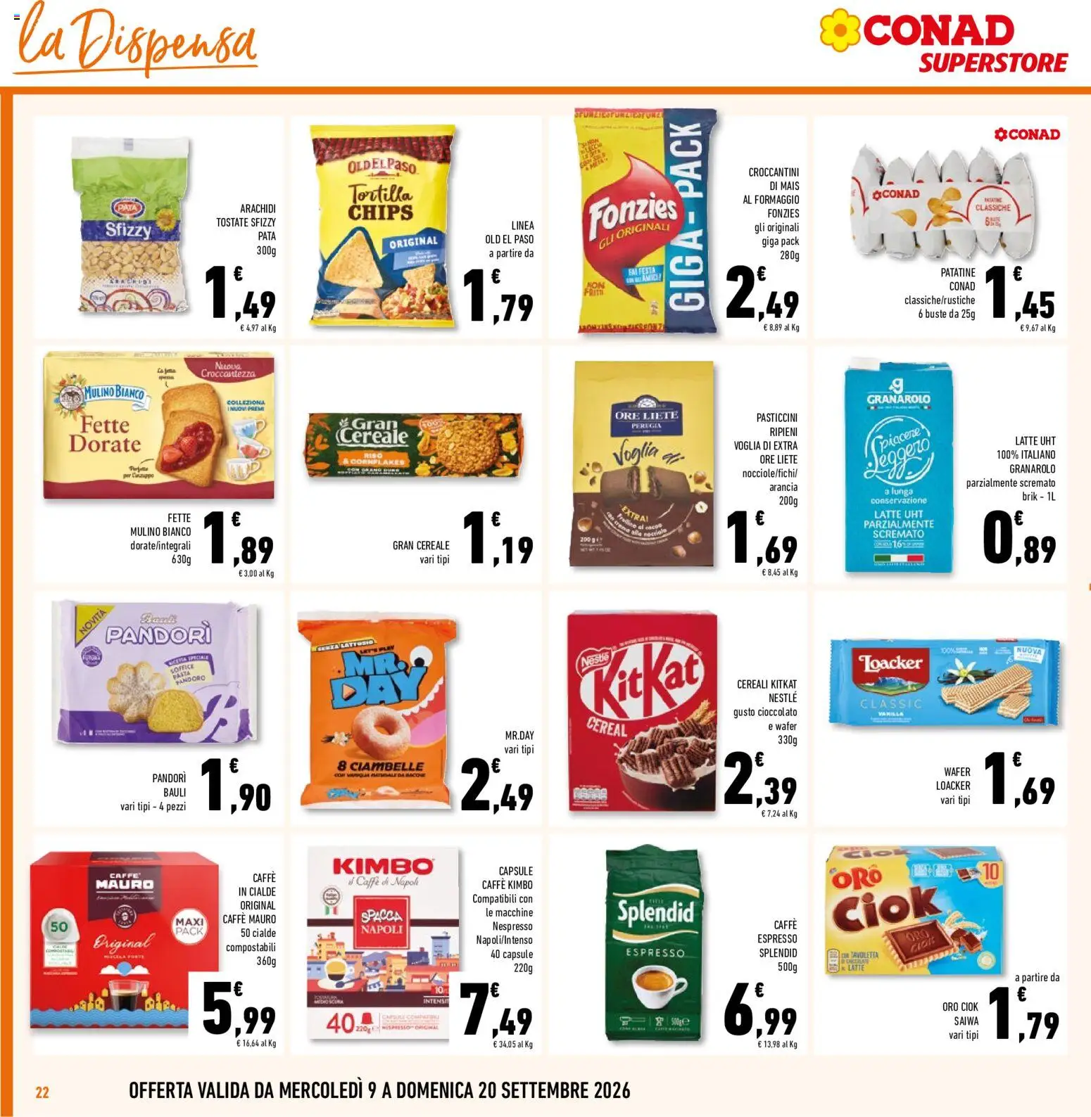 Volantino Conad del 09/09/2026 | Pagina: 22 | Prodotti: Caffè, Pasticcini, Arancia, Kimbo