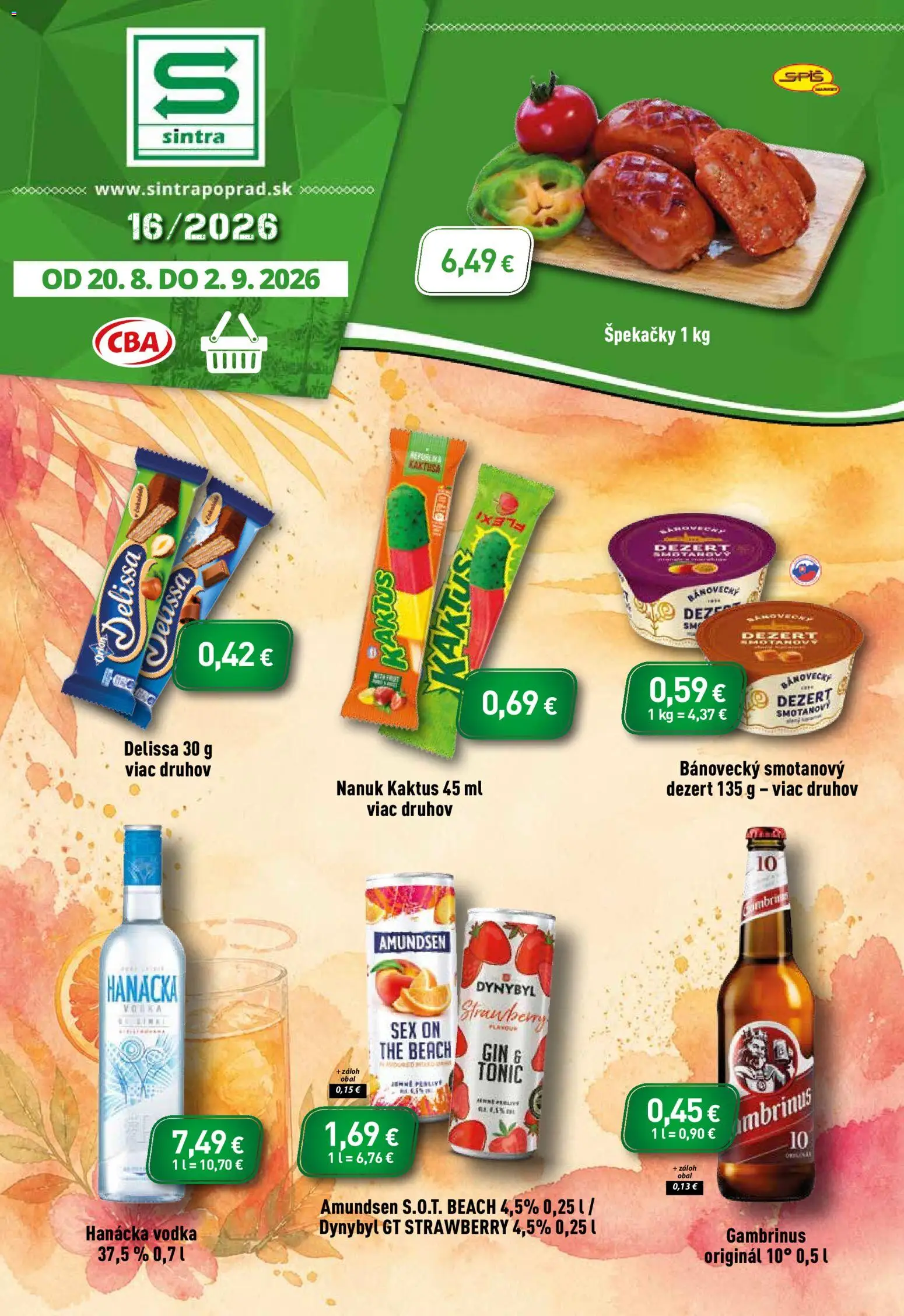 Nové Sintra akcie – leták je platný od 20.08.2026 | Strana: 1 | Produkty: Nanuk, Tonic, Vodka, Gambrinus