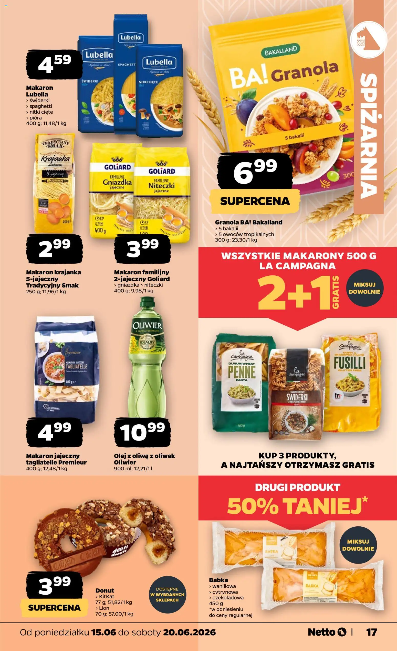 Netto gazetka od poniedziałku spożywcza od 15.06.2026 | Strona: 17 | Produkty: Oliwa z oliwek, Granola, Penne, Olej