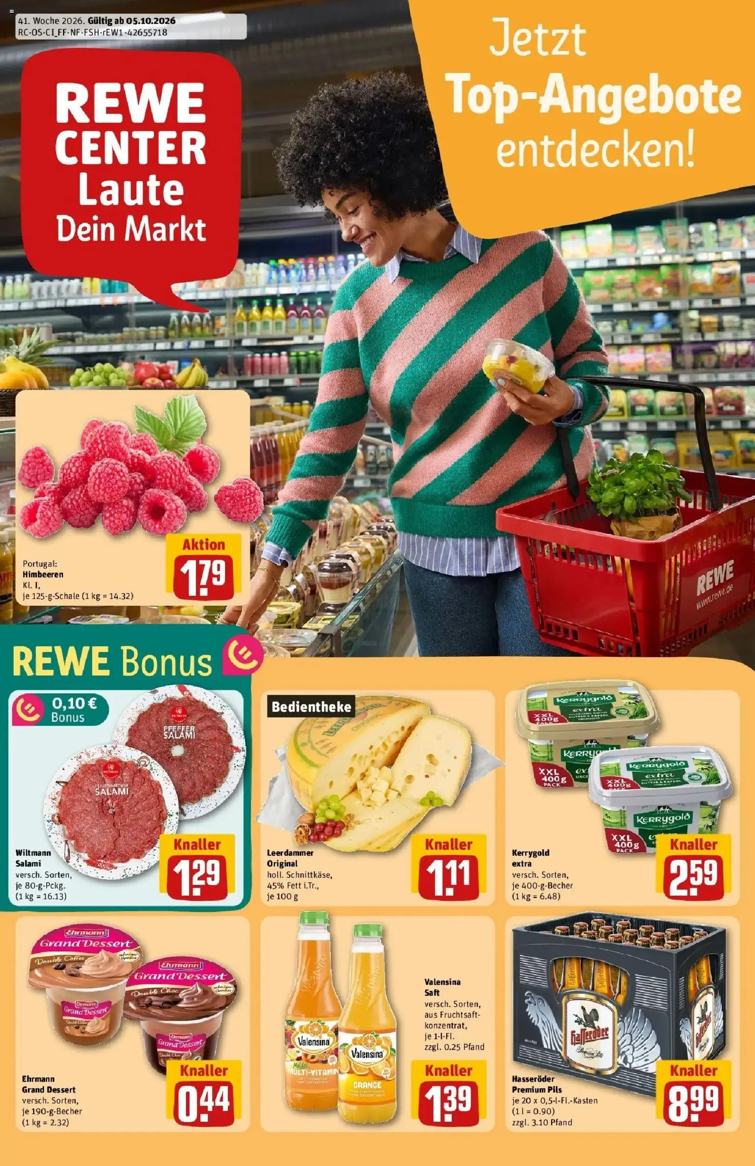 REWE Prospekt ab 05.10.2026 zum Blättern » Angebote | Seite: 1 | Produkte: Butter, Leerdammer, Salami, Hasseröder