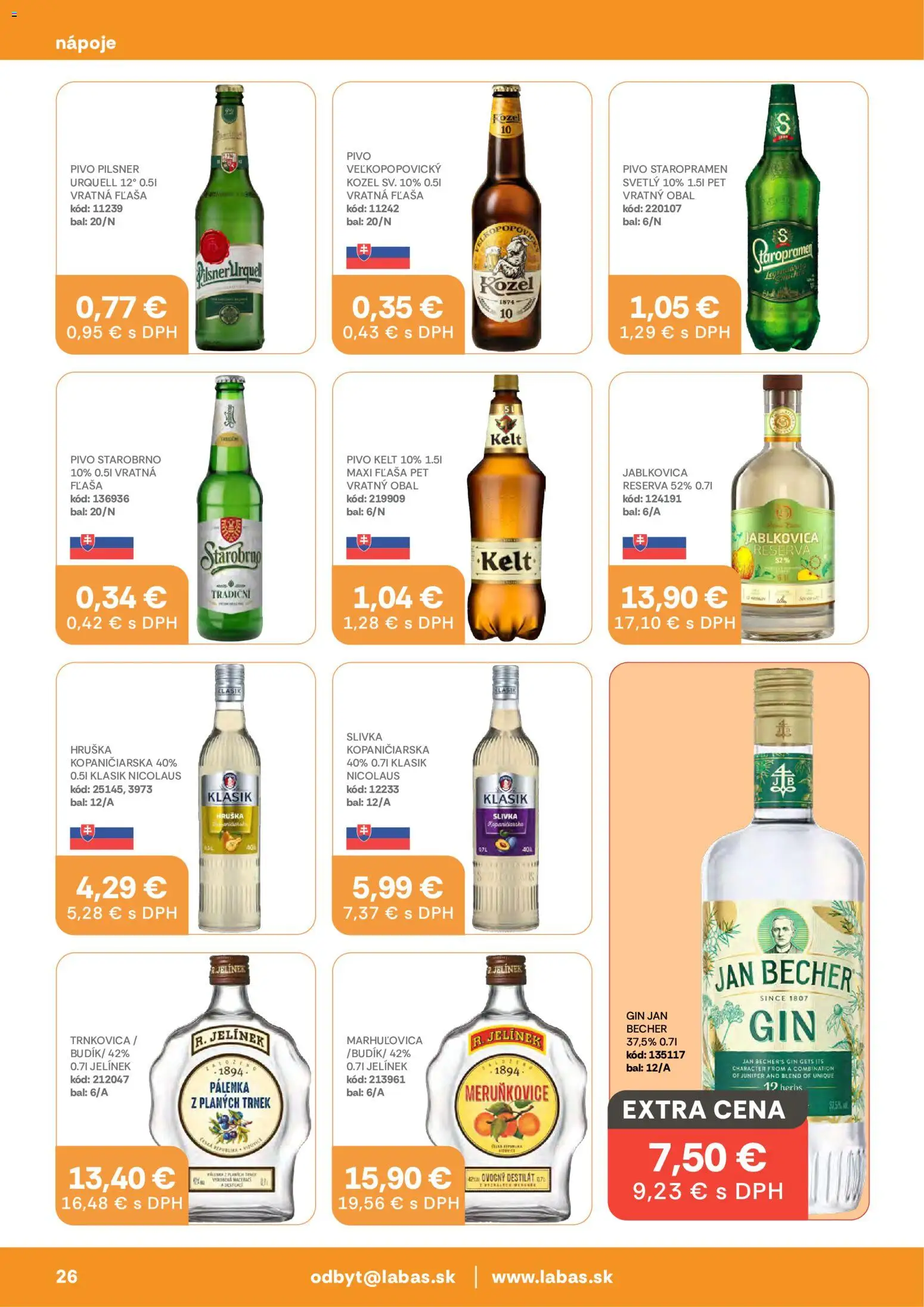 Nové Labaš akcie – leták je platný od 23.10.2026 | Strana: 26 | Produkty: Nápoje, Staropramen, Gin, Destilát