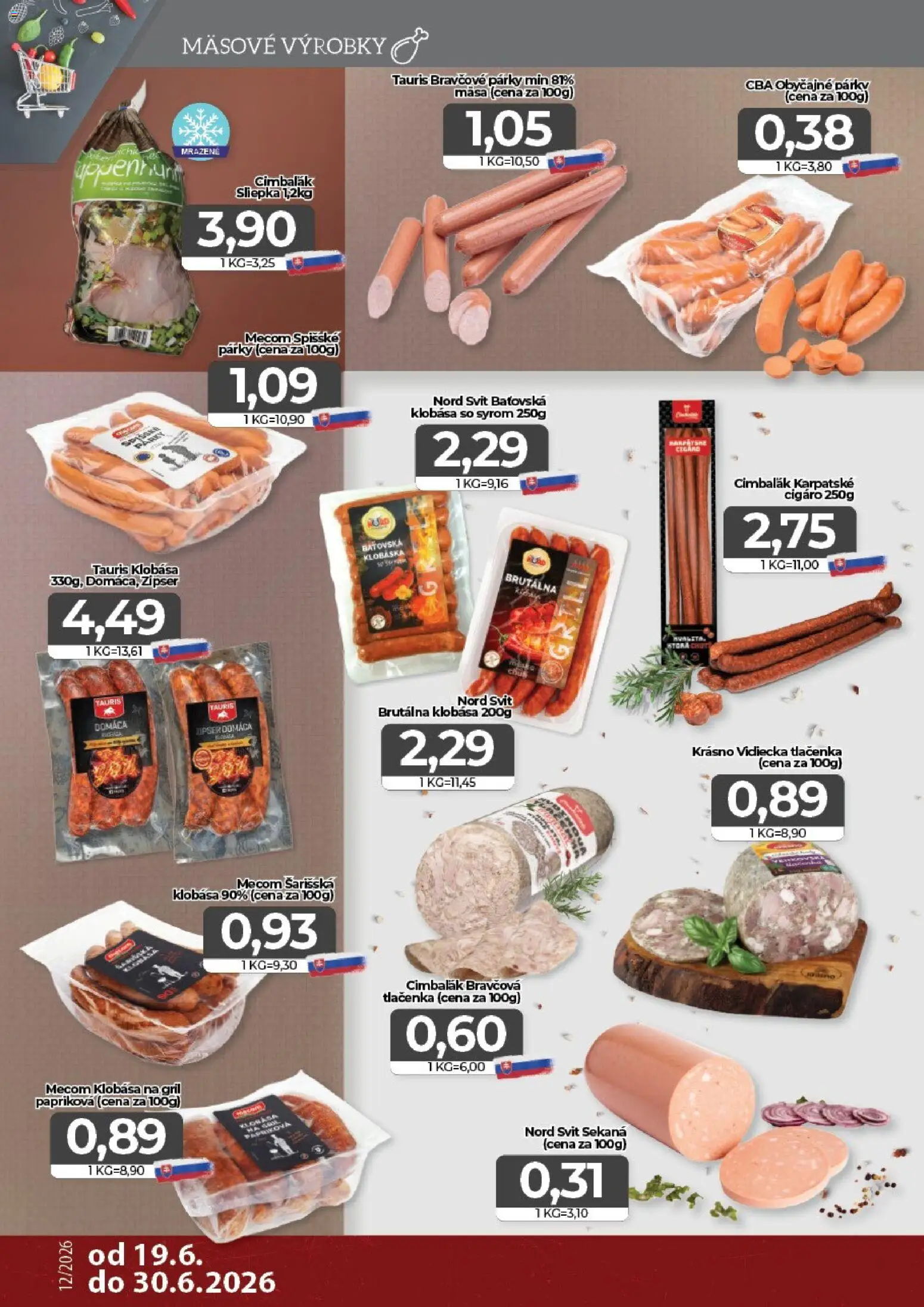 Nové CBA Komfos akcie – leták je platný od 19.06.2026 | Strana: 2 | Produkty: Gril, Klobása, Párky