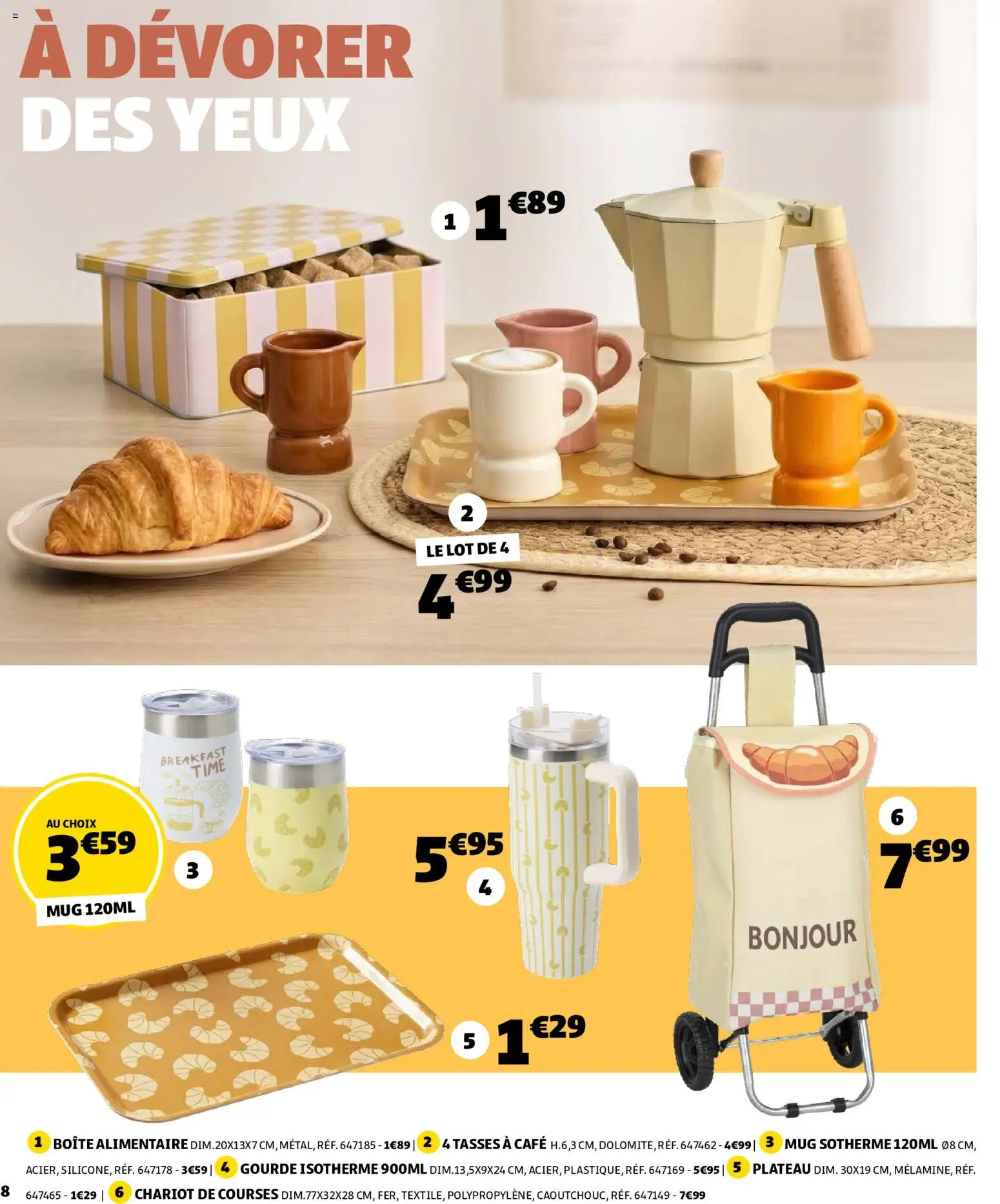 {H1} | Page: 8 | Produits: Chariot, Café, Boîte alimentaire, Tasses