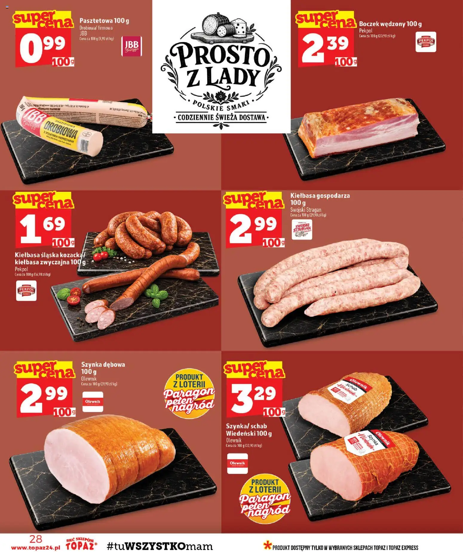 Topaz gazetka - Ceny małe na stałe od 03.09.2026 | Strona: 28 | Produkty: Kiełbasa, Schab, Boczek wędzony, Boczek