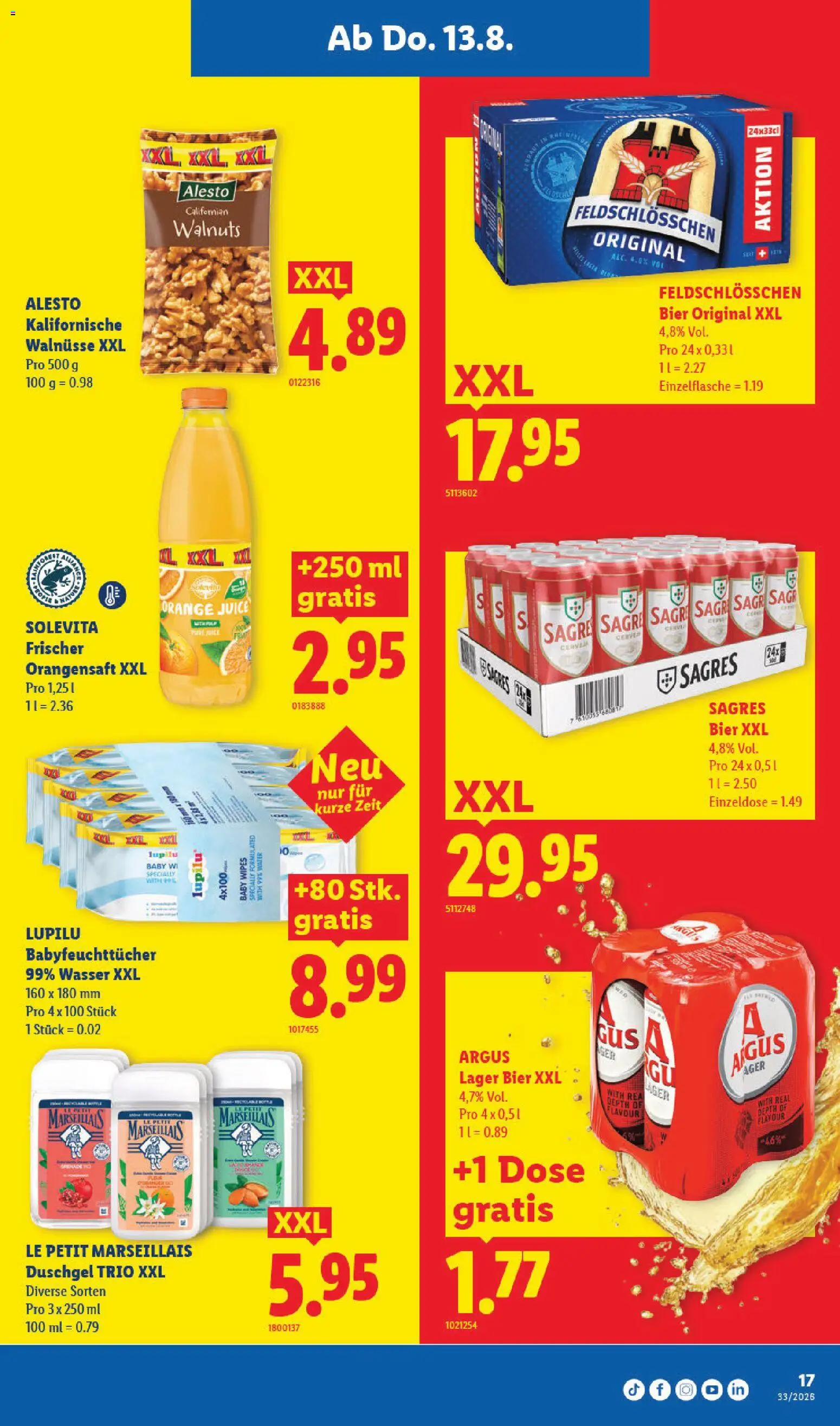 Lidl aktionen – gültig ab 13.08.2026 | Seite: 21 | Produkte: Walnüsse, Duschgel, Bier, Wasser