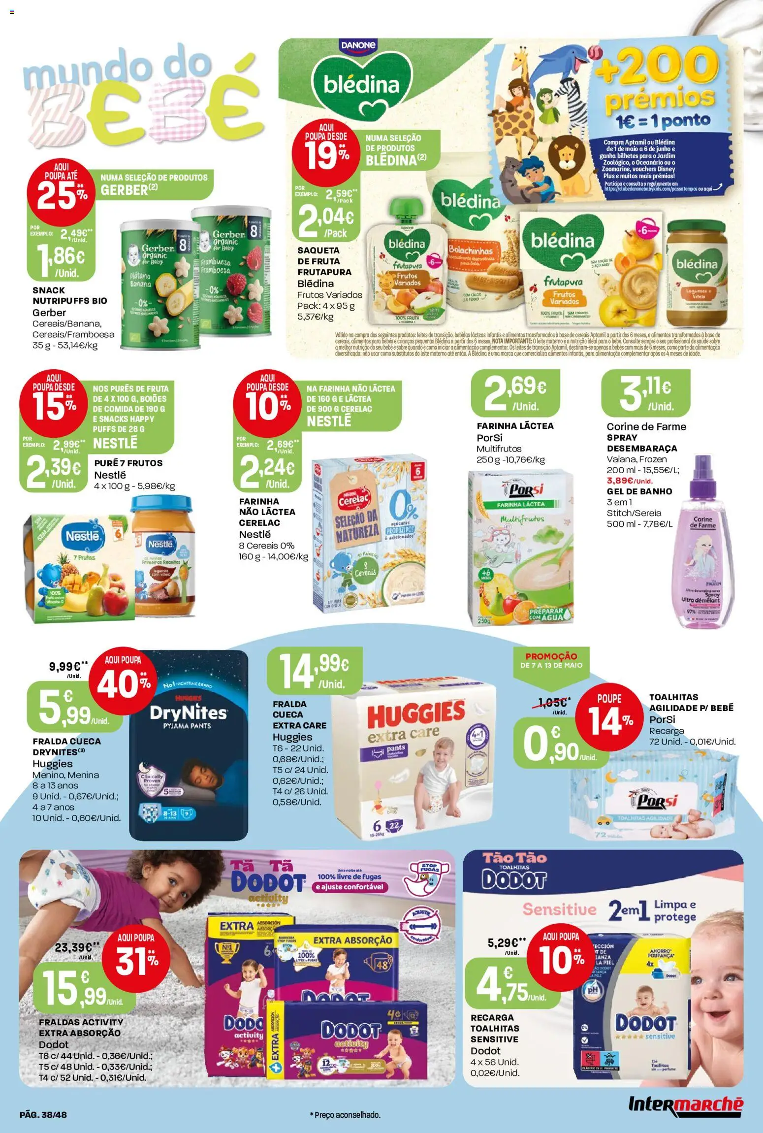 Intermarché folheto │ válido de 07.05.2026 | Página: 38 | Produtos: Agua, Farinha láctea, Gel de banho, Base