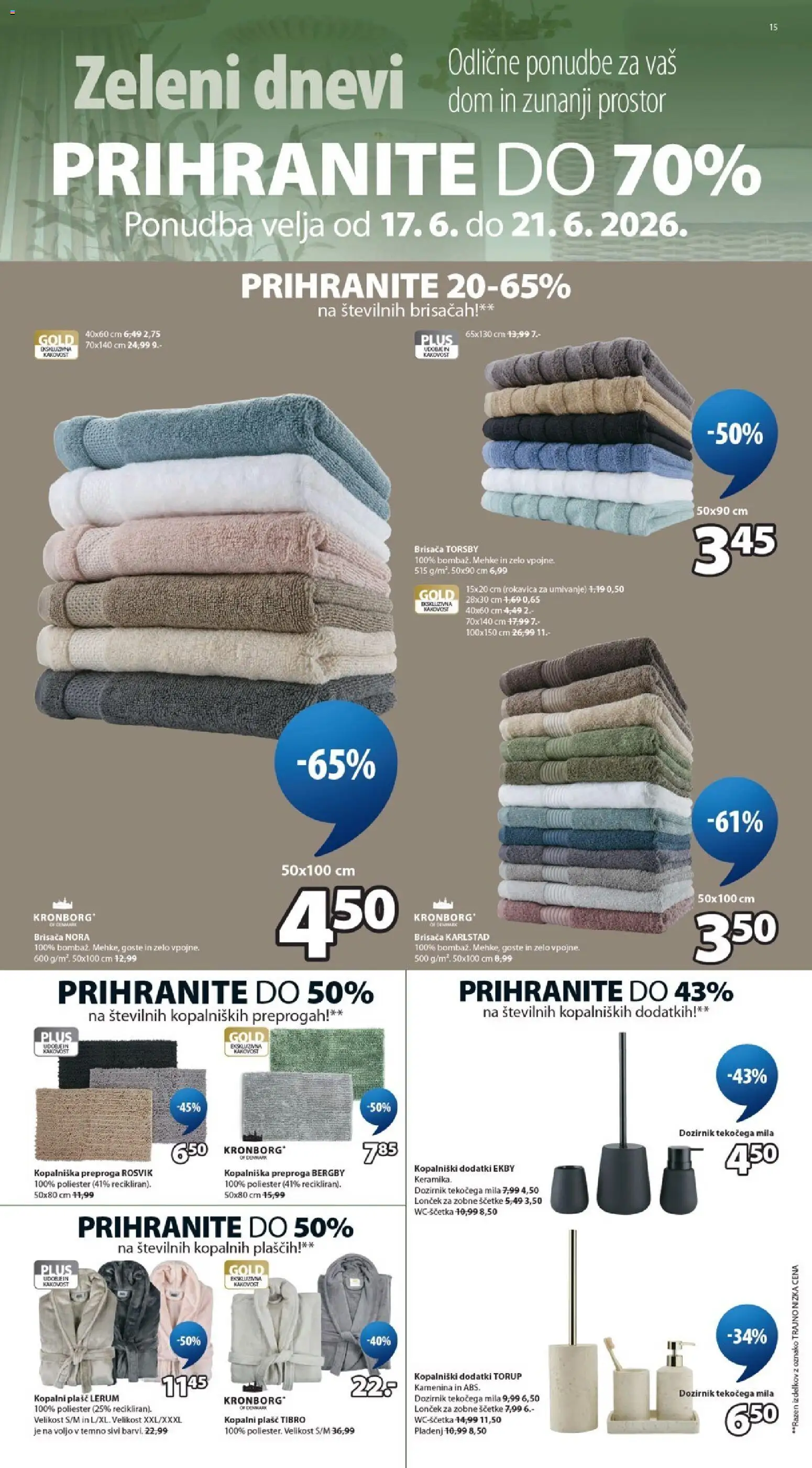Novi JYSK katalog ponudbe – veljaven od 17.06.2026 | Stran: 15 | Izdelki: Kopalniški dodatki, Preproga, Plasc, Kopalni plasc