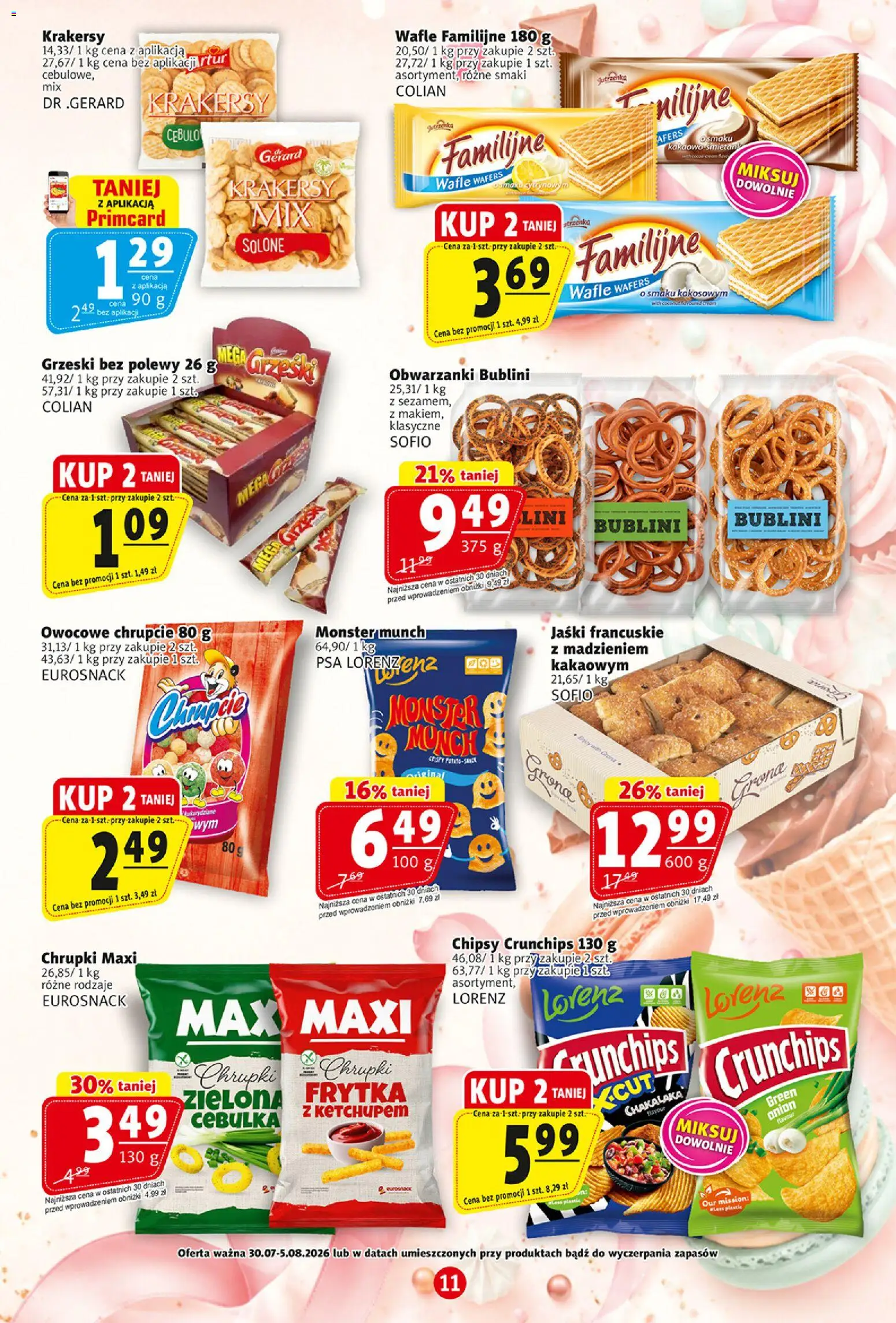 Prim Market gazetka od 30.07.2026 | Strona: 11 | Produkty: Chipsy, Wafle, Chrupki, Krakersy
