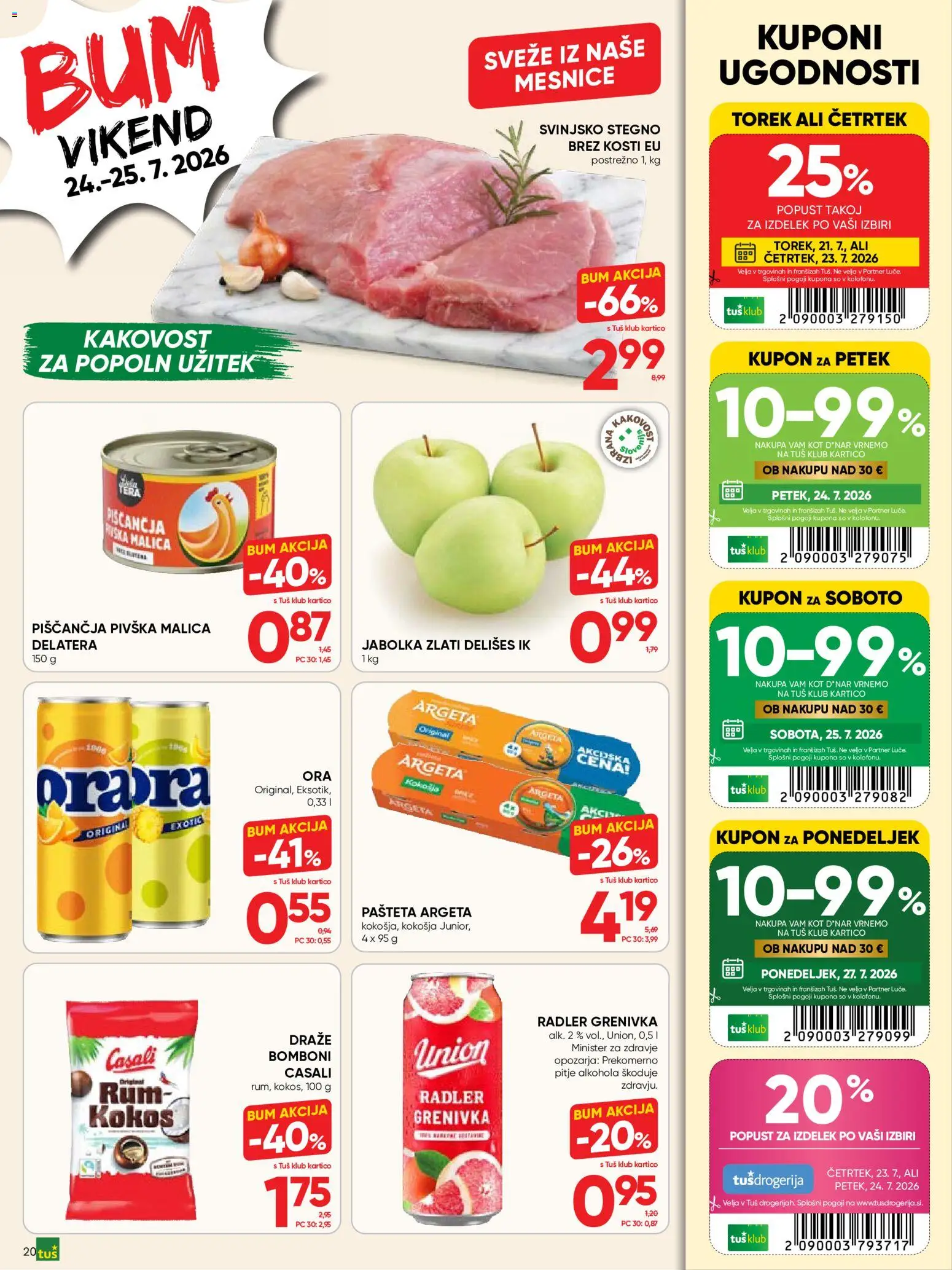 Novi Tuš katalog ponudbe – veljaven od 22.07.2026 | Stran: 20 | Izdelki: Pašteta, Radler, Jabolka, Grenivka