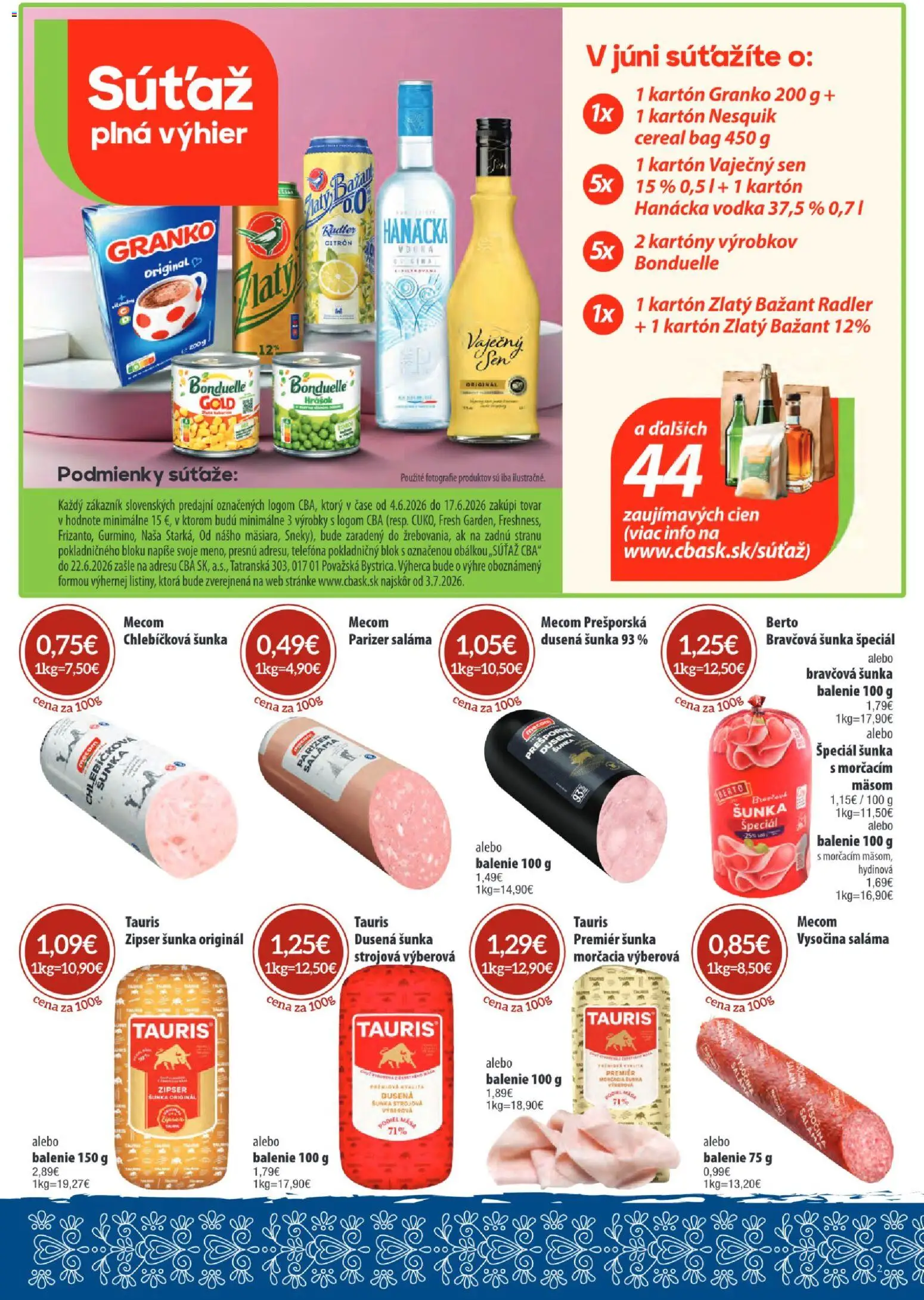 Nové Sintra akcie – leták je platný od 04.06.2026 | Strana: 2 | Produkty: Saláma, Zlatý Bažant, Vodka, Granko