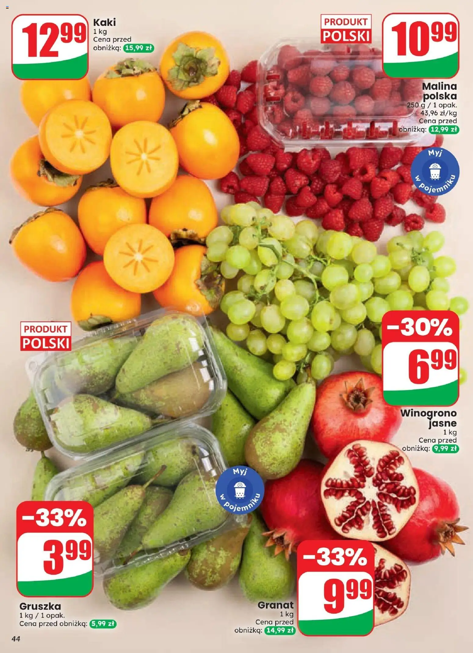 Dino gazetka od 21.10.2026 | Strona: 44 | Produkty: Kaki, Gruszka, Malina, Winogrono