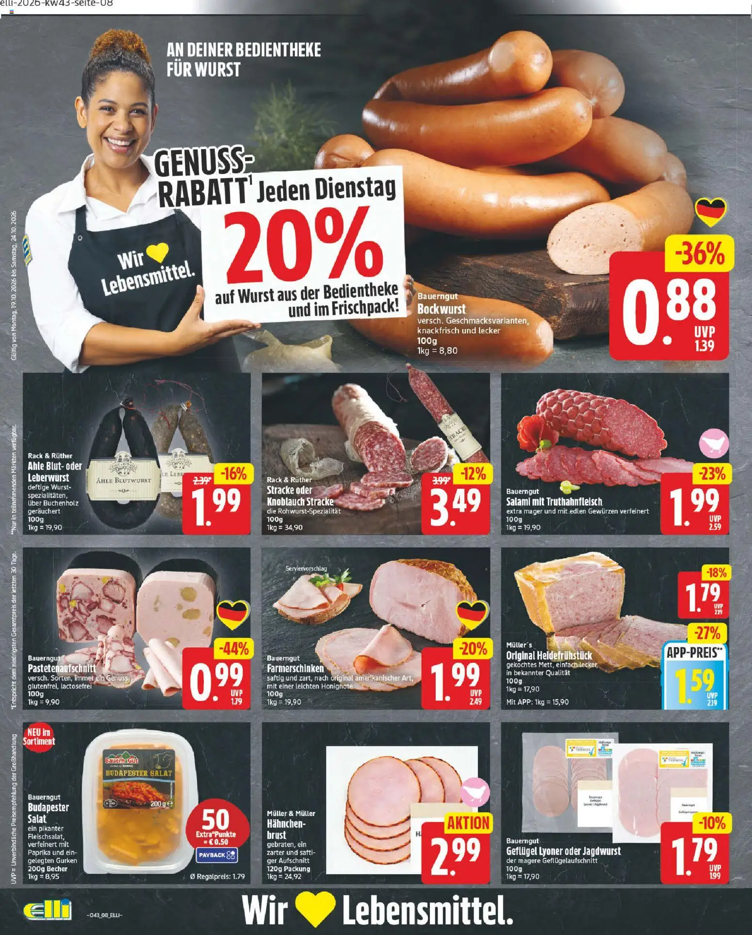 Elli Markt Prospekt Gütersloh – gültig ab 19.10.2026 | Seite: 8 | Produkte: Wurst, Salami, Gurken, Salat