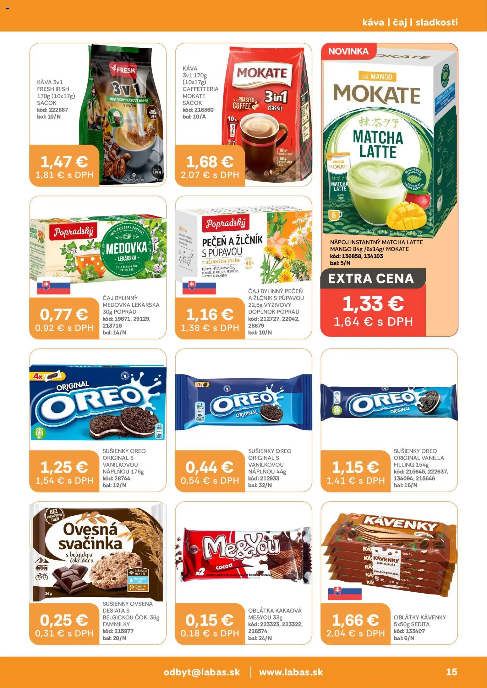 Nové Labaš akcie – leták je platný od 11.09.2026 | Strana: 15 | Produkty: Káva, Oblátky, Oreo, Mango