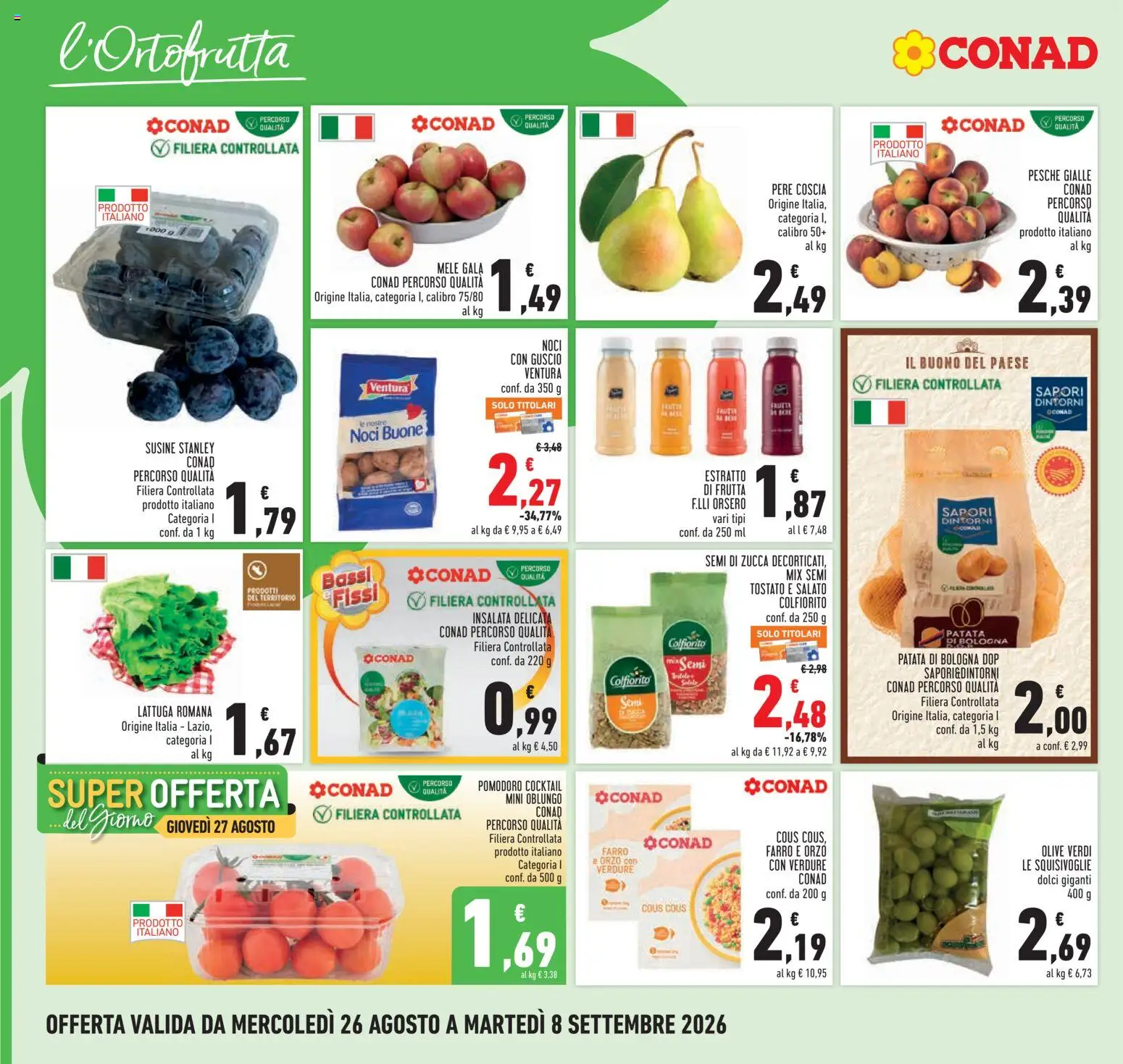 Volantino Conad del 26/08/2026 | Pagina: 2 | Prodotti: Mele, Pomodoro, Olive, Zucca