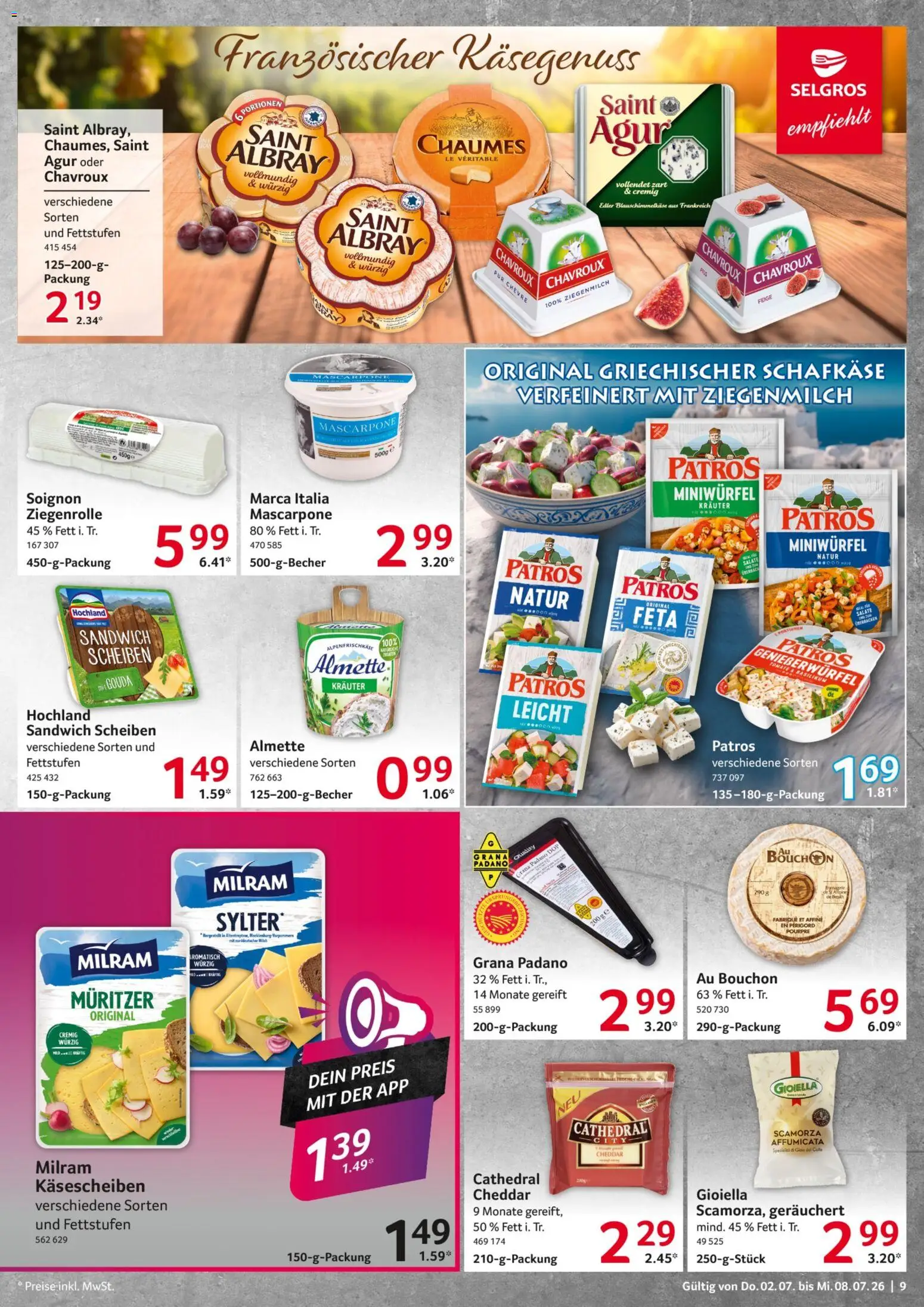 Selgros Prospekt – gültig ab 02.07.2026 | Seite: 9 | Produkte: Feta, Mascarpone, Patros, Milram