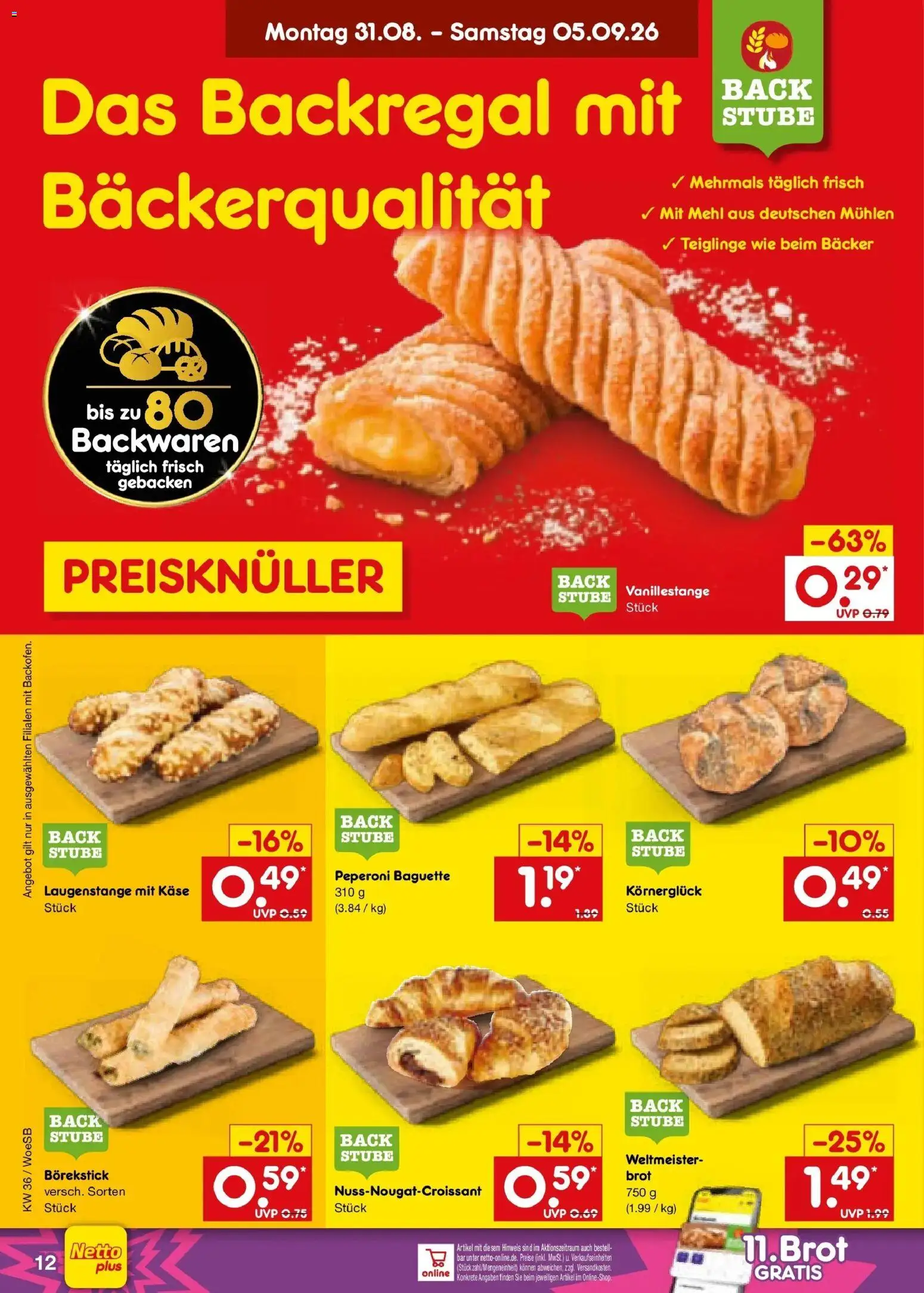 Netto Marken-Discount Prospekt Gemmingen (ab 31.08.2026) » Angebote | Seite: 16 | Produkte: Mehl, Käse, Baguette, Brot