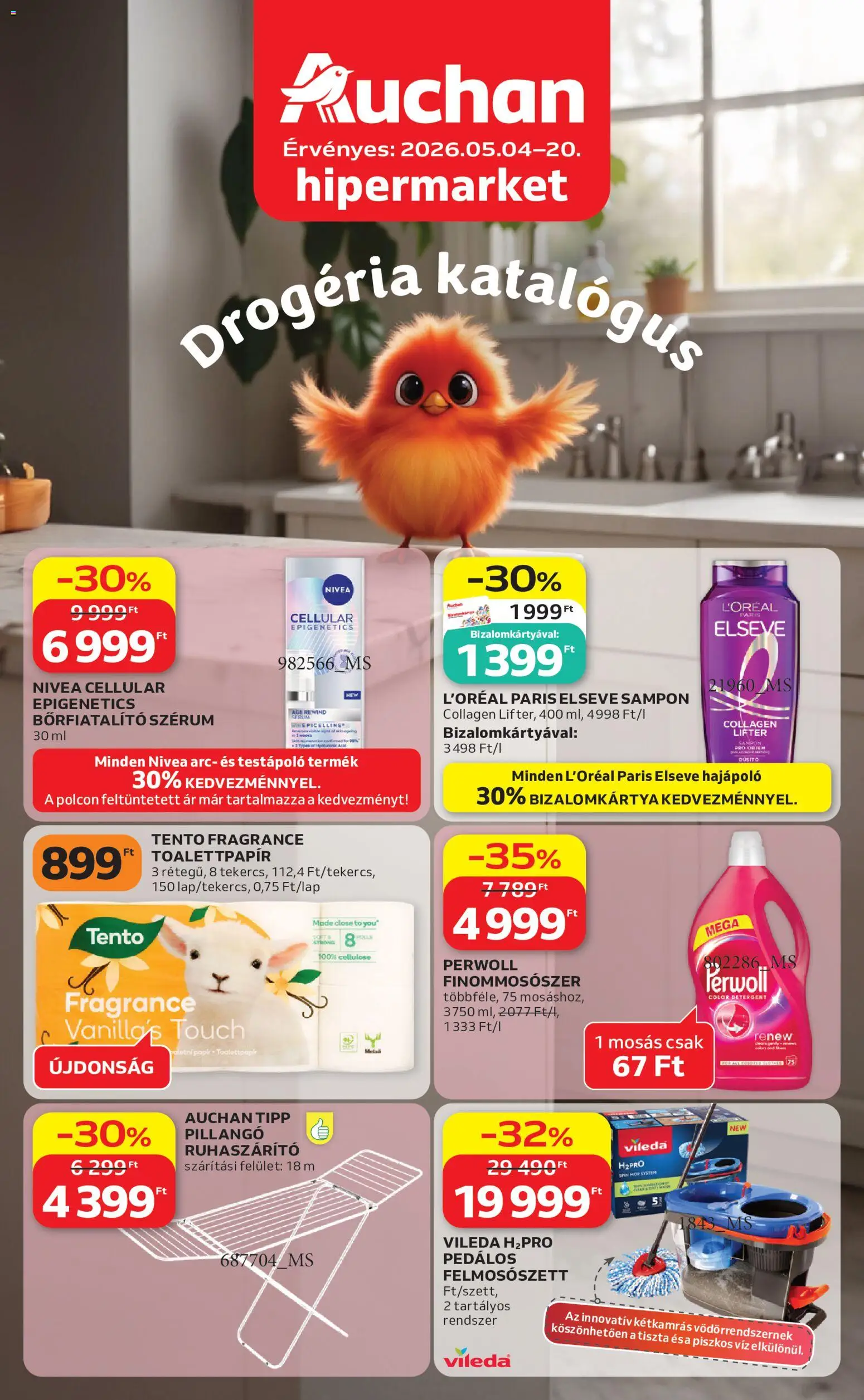 Auchan akciós ujság - amely érvényes a következő dátumtól: 04.05.2026 | Oldal: 1 | Termékek: Perwoll, Sampon, Testápoló, Ruhaszárító