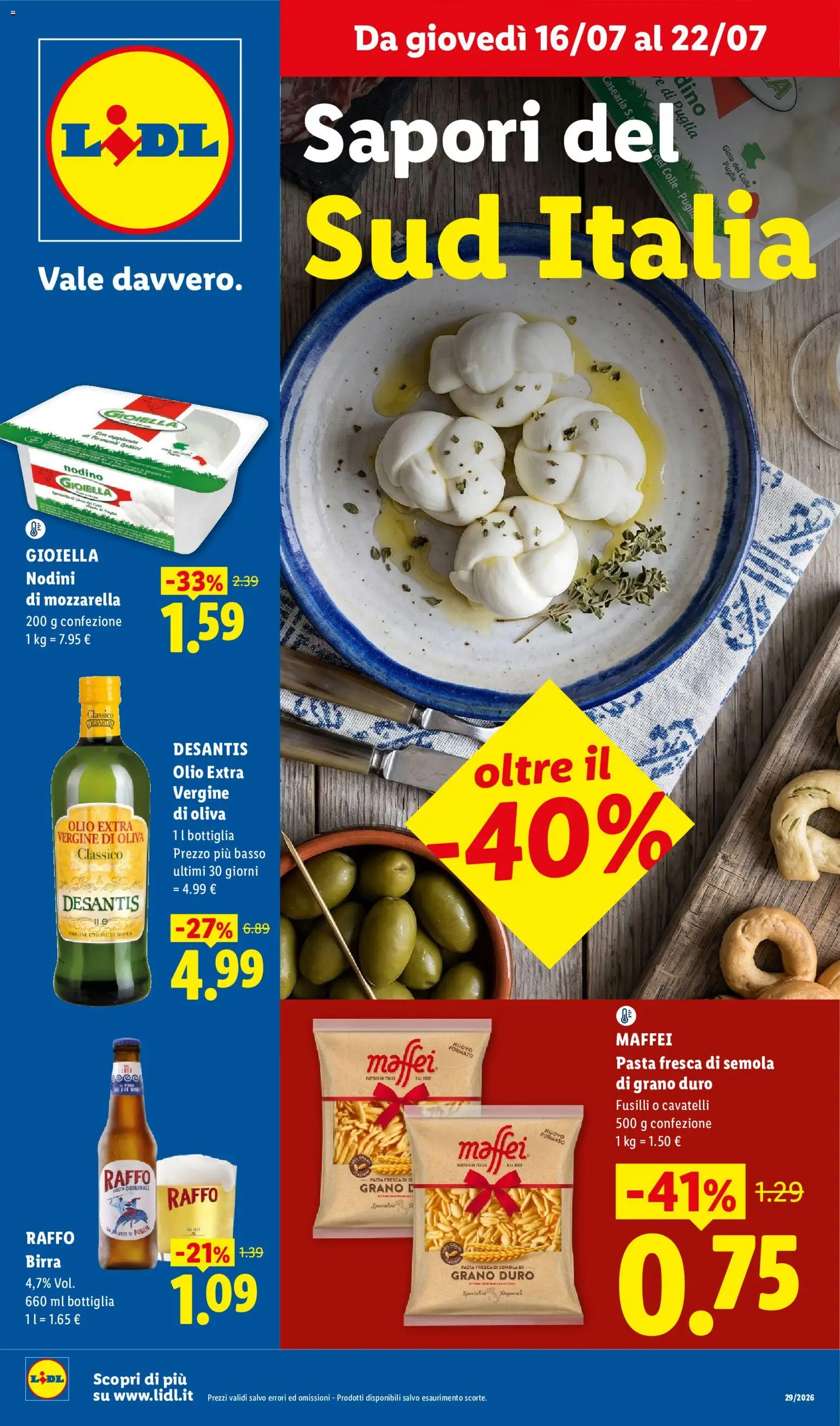 Volantino Lidl del 16/07/2026 | Pagina: 1 | Prodotti: Birra, Mozzarella, Olio, Fusilli
