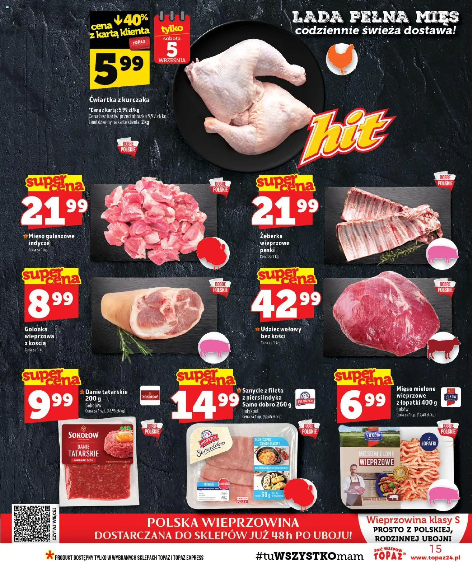 Topaz gazetka od 03.09.2026 | Strona: 15 | Produkty: Golonka, Żeberka, Piersi, Mięso