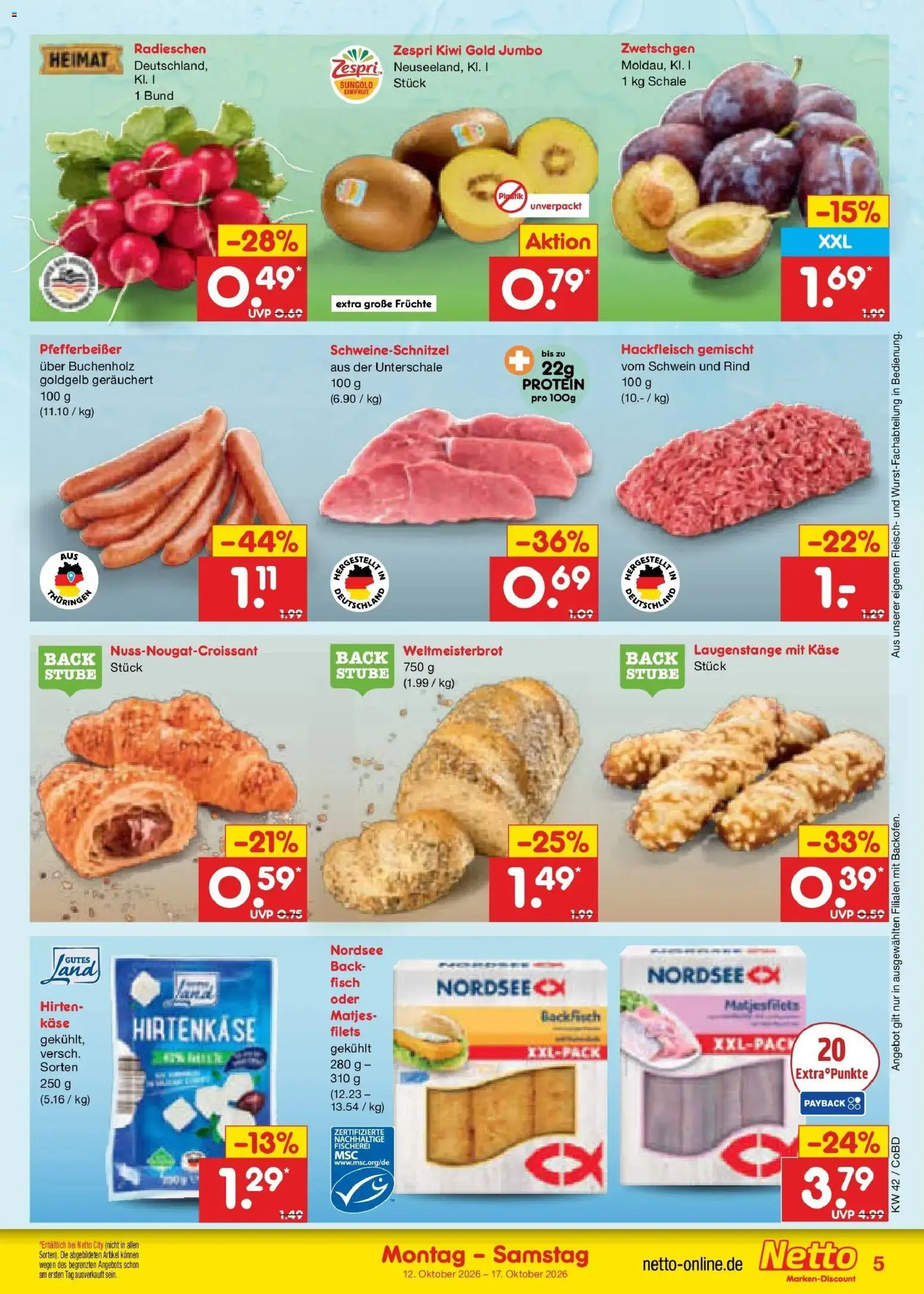 Netto Marken-Discount Prospekt Delitzsch – gültig ab 12.10.2026 | Seite: 5 | Produkte: Käse, Zwetschgen, Fisch, Kiwi