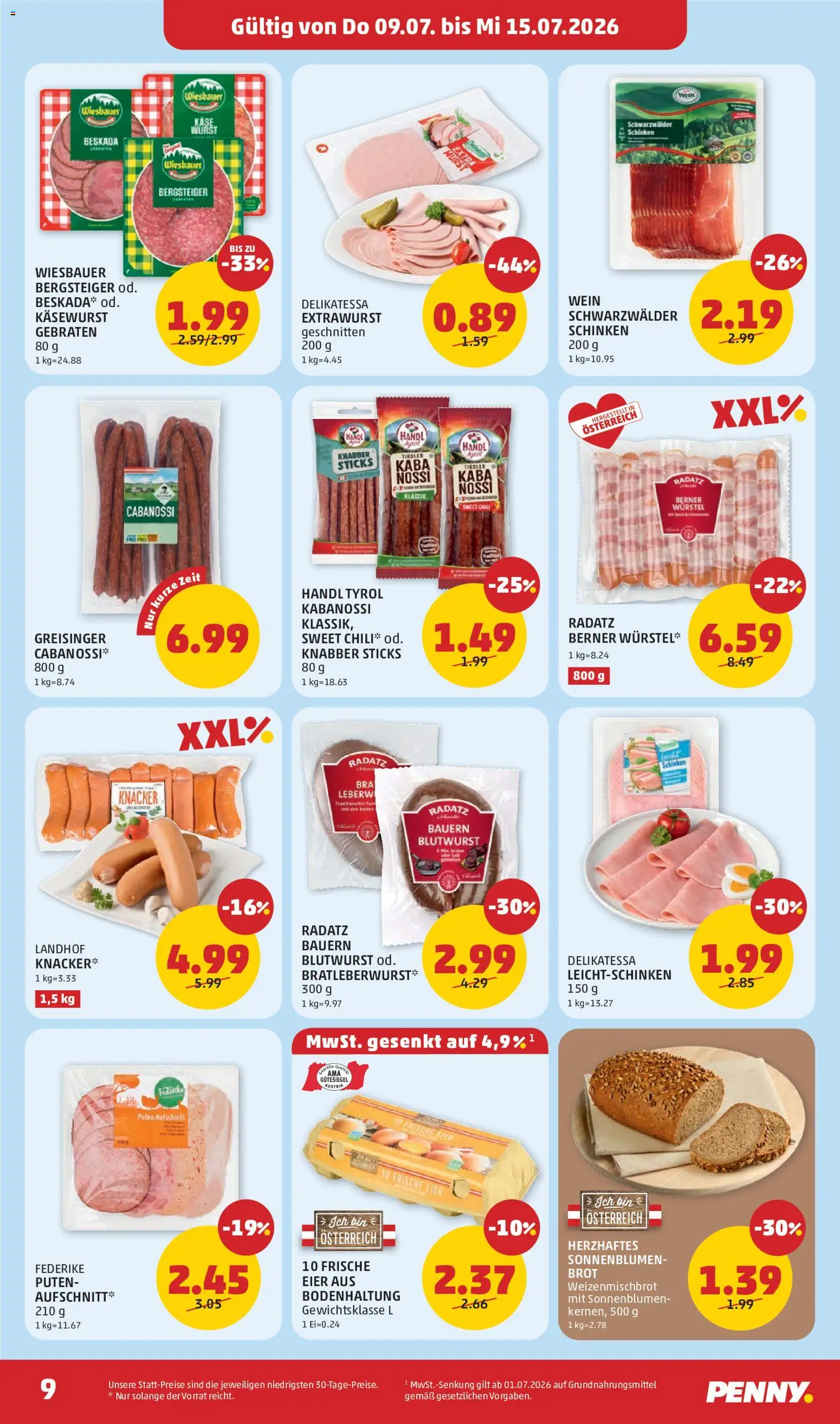 Penny Markt Flugblatt gültig ab 09.07.2026 | Seite: 9 | Produkte: Eier, Brot, Schinken, Wein