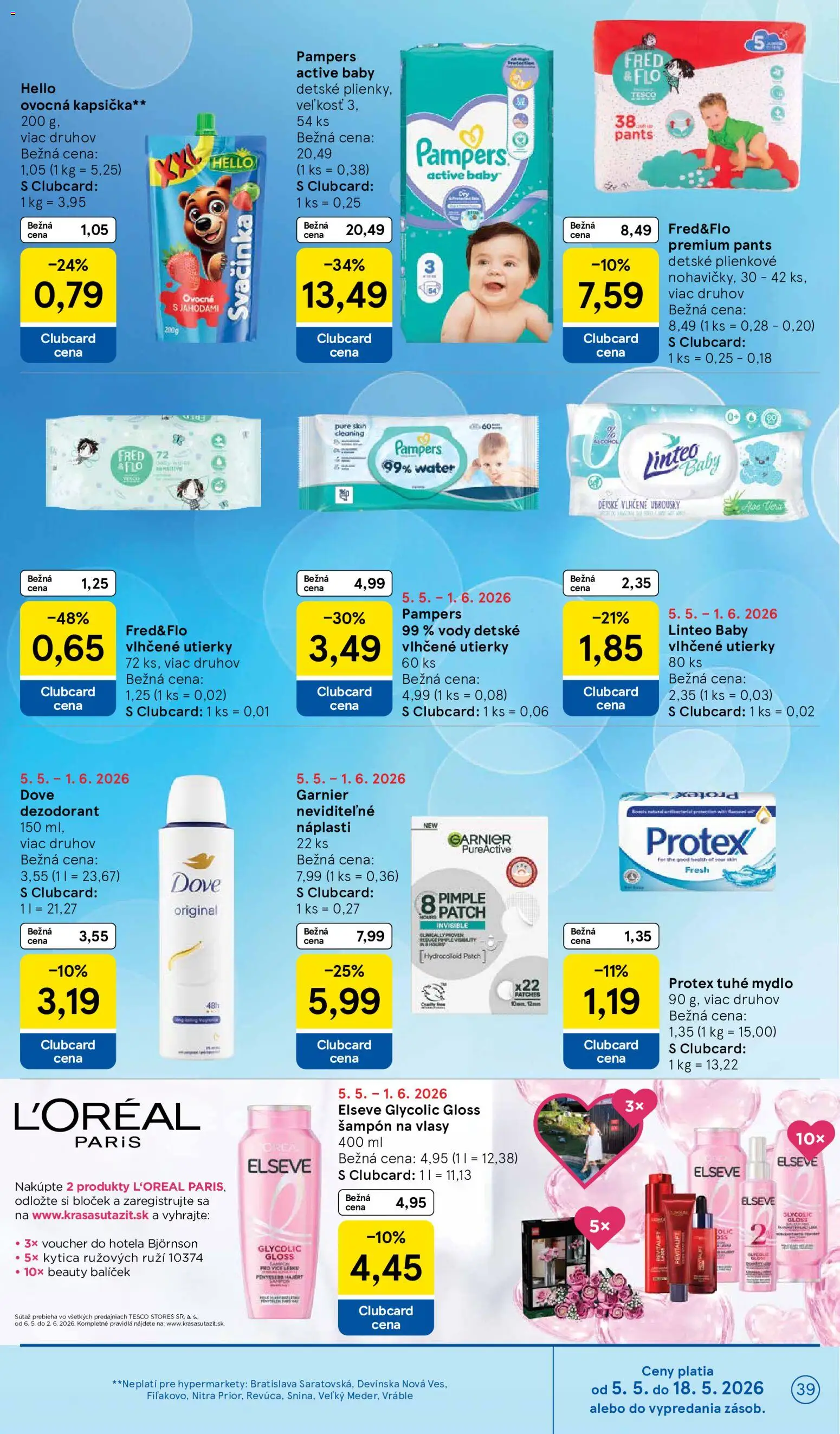 Nové Tesco akcie – leták je platný od 06.05.2026 | Strana: 39 | Produkty: Šampón, Mydlo, Dezodorant, Pampers