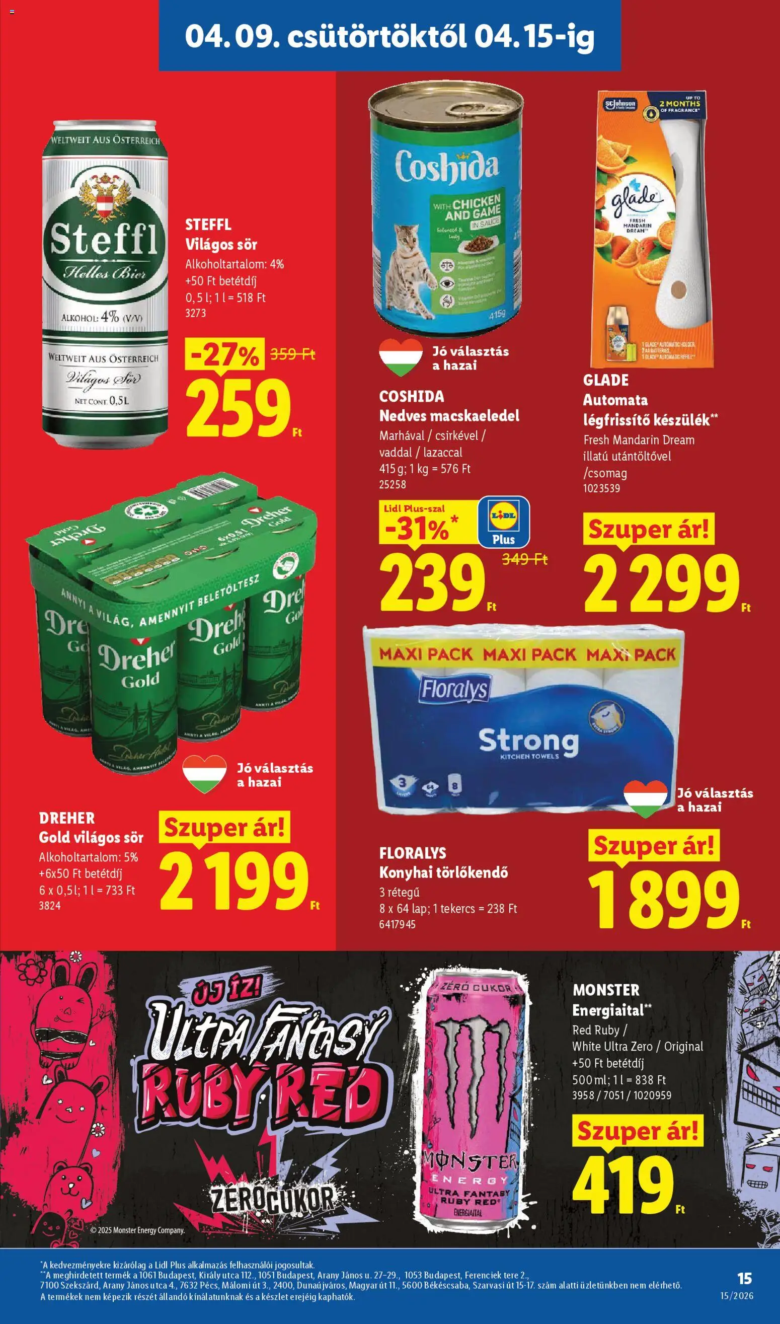 Lidl akciós ujság - amely érvényes a következő dátumtól: 09.04.2026 | Oldal: 15 | Termékek: Macskaeledel, Törlőkendő, Légfrissítő, Sör