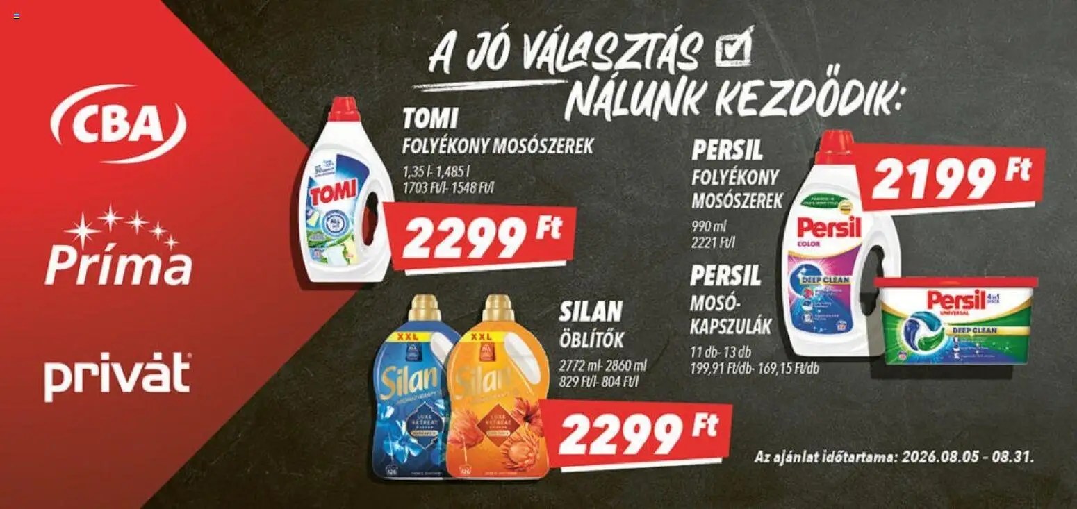 CBA Príma akciós ujság - amely érvényes a következő dátumtól: 2026.08.05. | Oldal: 4 | Termékek: Persil, Mosószerek