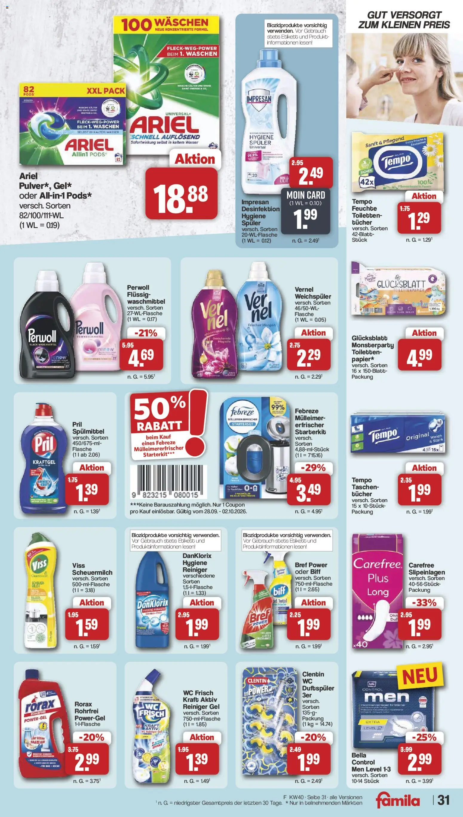 Famila Nordwest Prospekt – gültig ab 28.09.2026 | Seite: 31 | Produkte: Taschen, Waschmittel, Wc frisch, Vernel