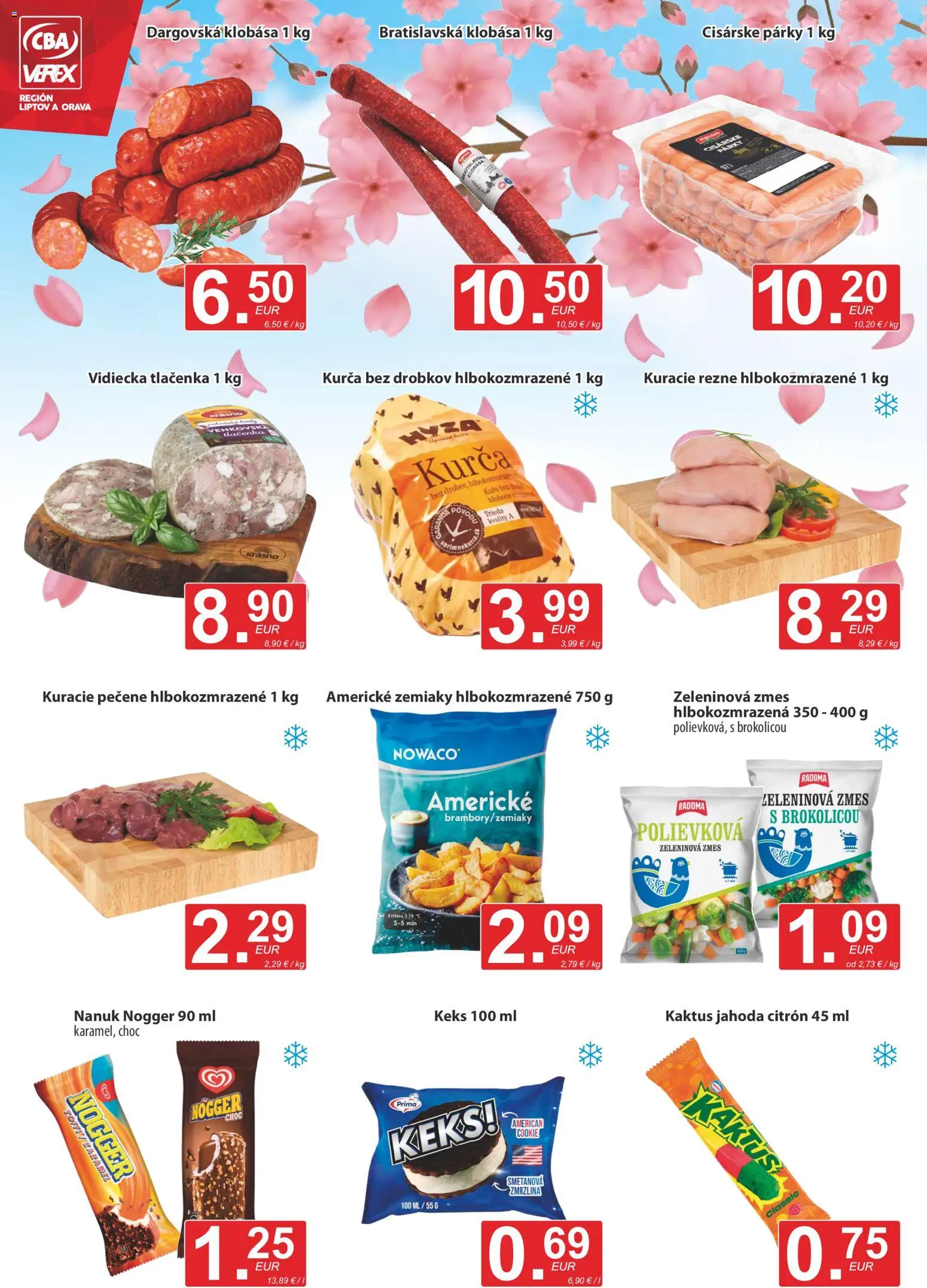 Nové CBA Verex akcie – leták je platný od 21.05.2026 | Strana: 4 | Produkty: Klobása, Zmrzlina, Kuracie rezne, Kurča