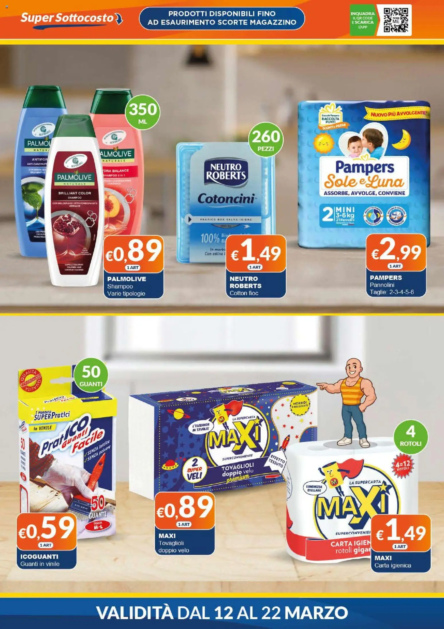 Volantino Mister Risparmio del 12.03.2026 | Pagina: 6 | Prodotti: Pannolini, Carta igienica, Guanti, Pampers