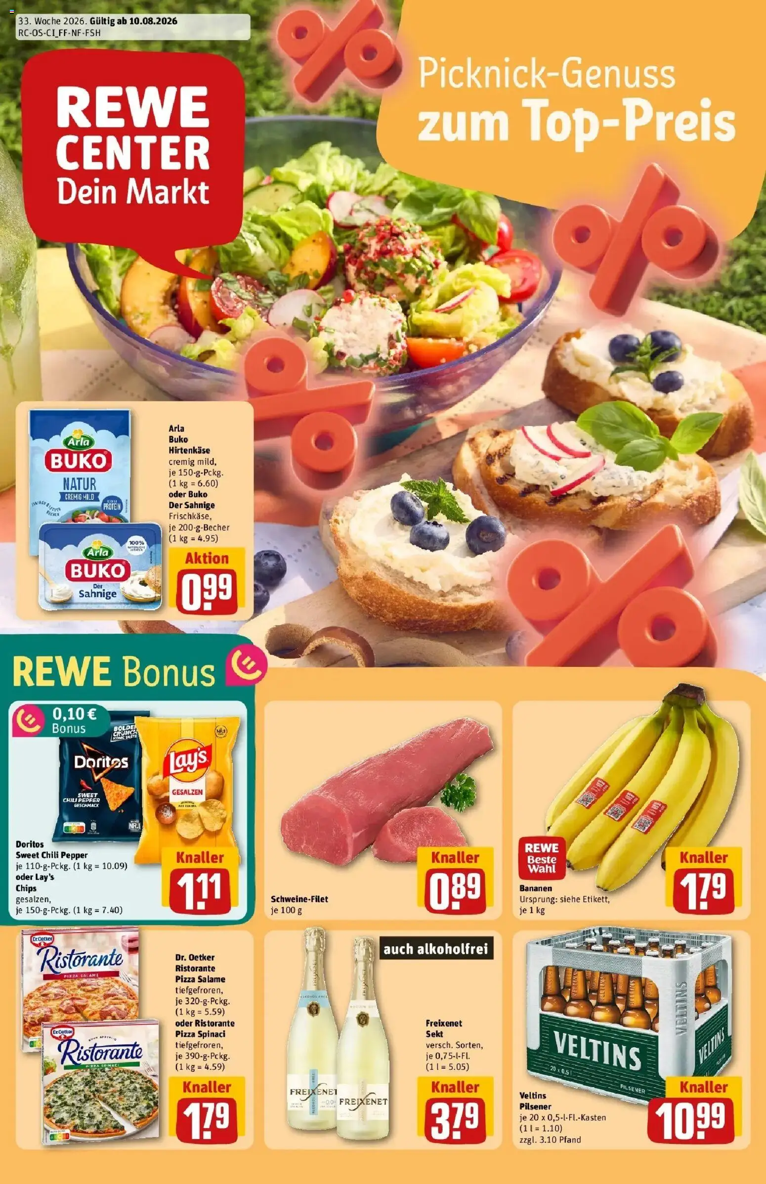 REWE Prospekt ab 10.08.2026 zum Blättern » Angebote | Seite: 1 | Produkte: Bananen, Arla buko, Pizza, Veltins