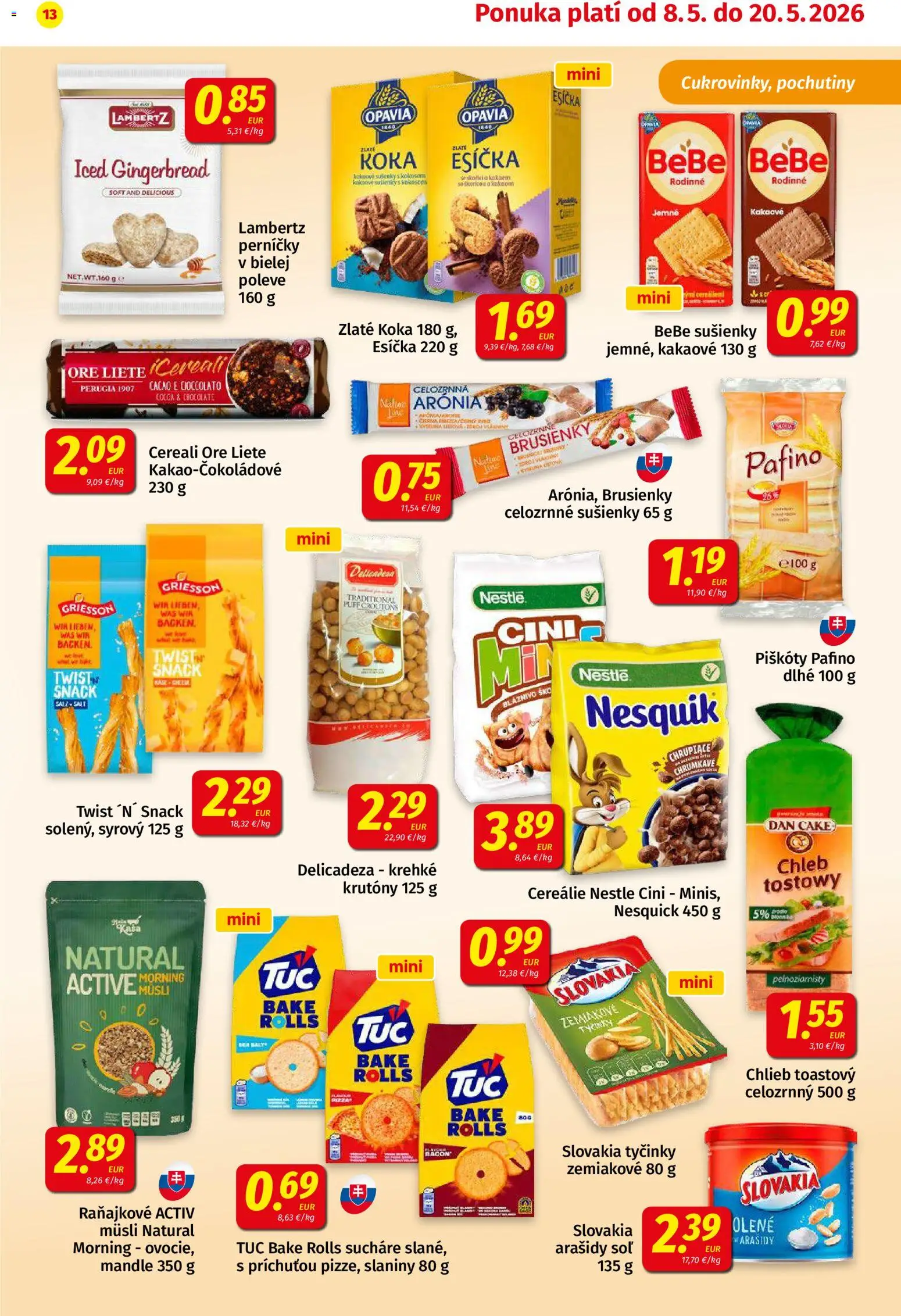 Nové Koruna akcie – leták je platný od 08.05.2026 | Strana: 13 | Produkty: Chlieb, Arašidy, Mandle, Nesquik