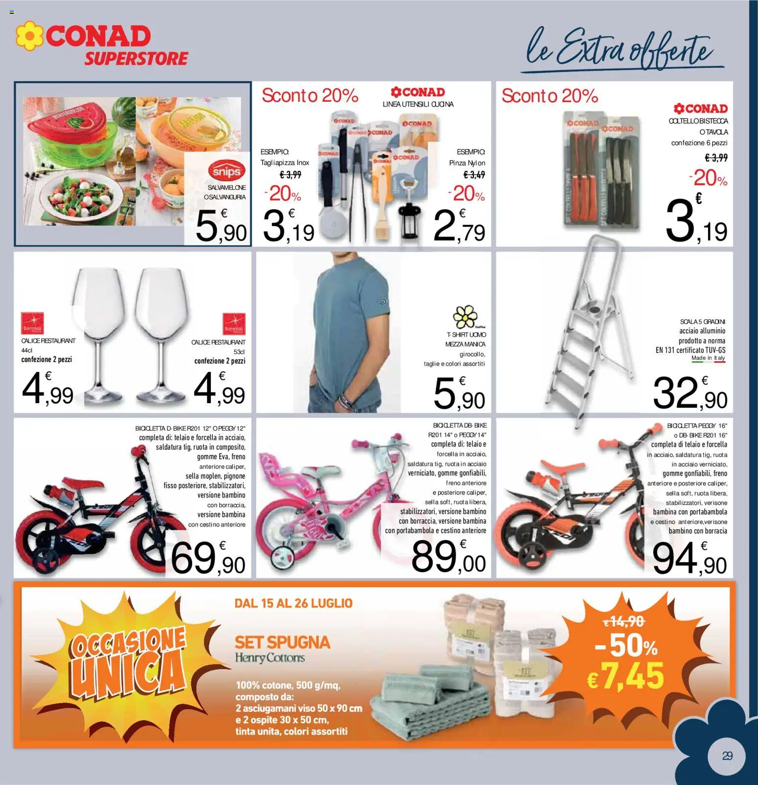 Volantino Conad del 15/07/2026 | Pagina: 29 | Prodotti: Bicicletta, Calice, Pizza, Alluminio