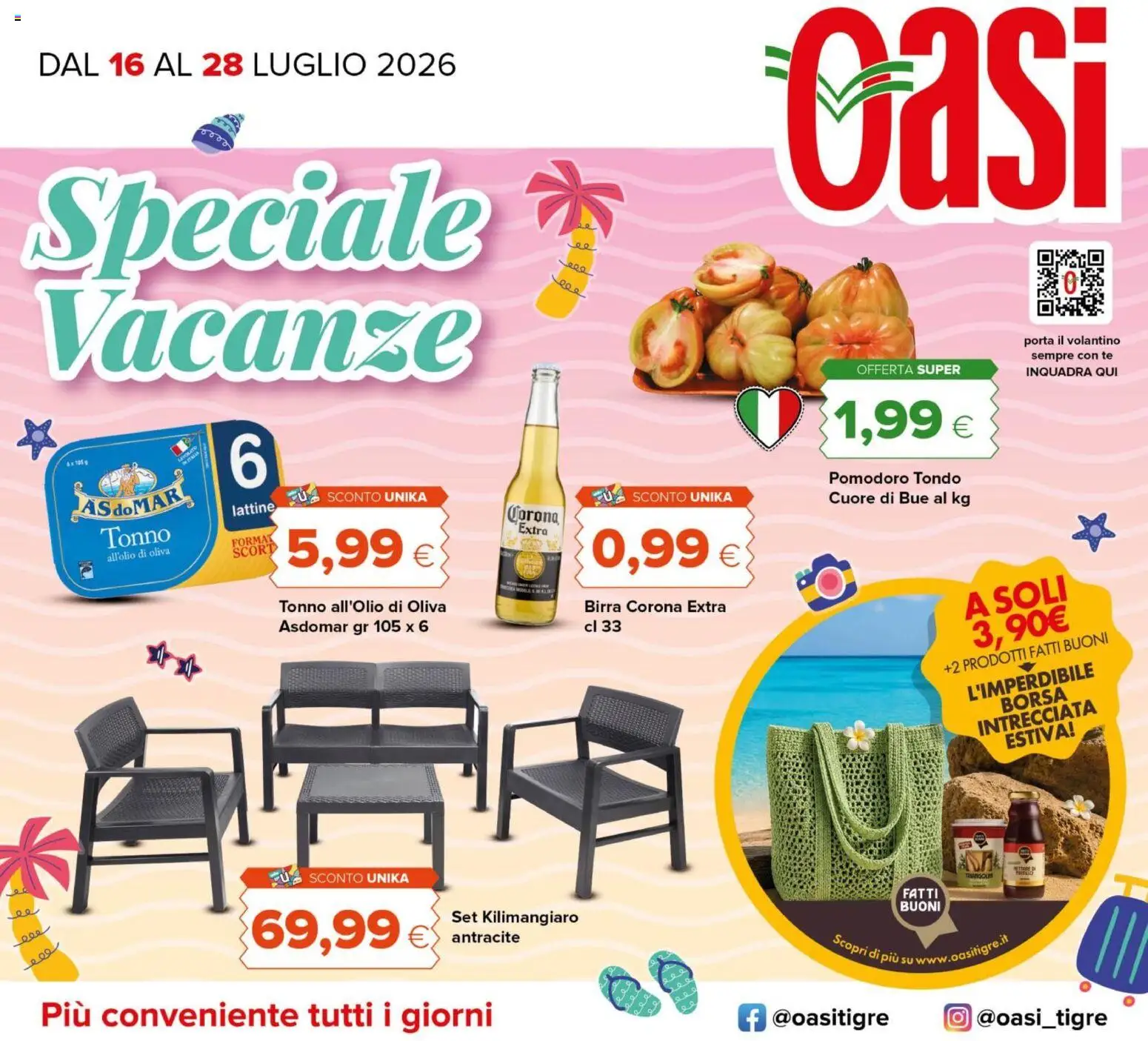 Volantino Oasi del 16/07/2026 | Pagina: 1 | Prodotti: Birra, Pomodoro, Tonno, Borsa