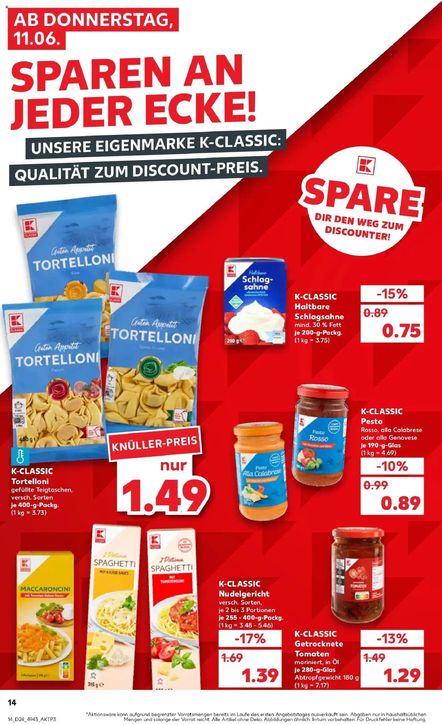 Kaufland Prospekt Ahaus – gültig ab 11.06.2026 | Seite: 14 | Produkte: Schlagsahne, Tomaten, Pasta, Sahne