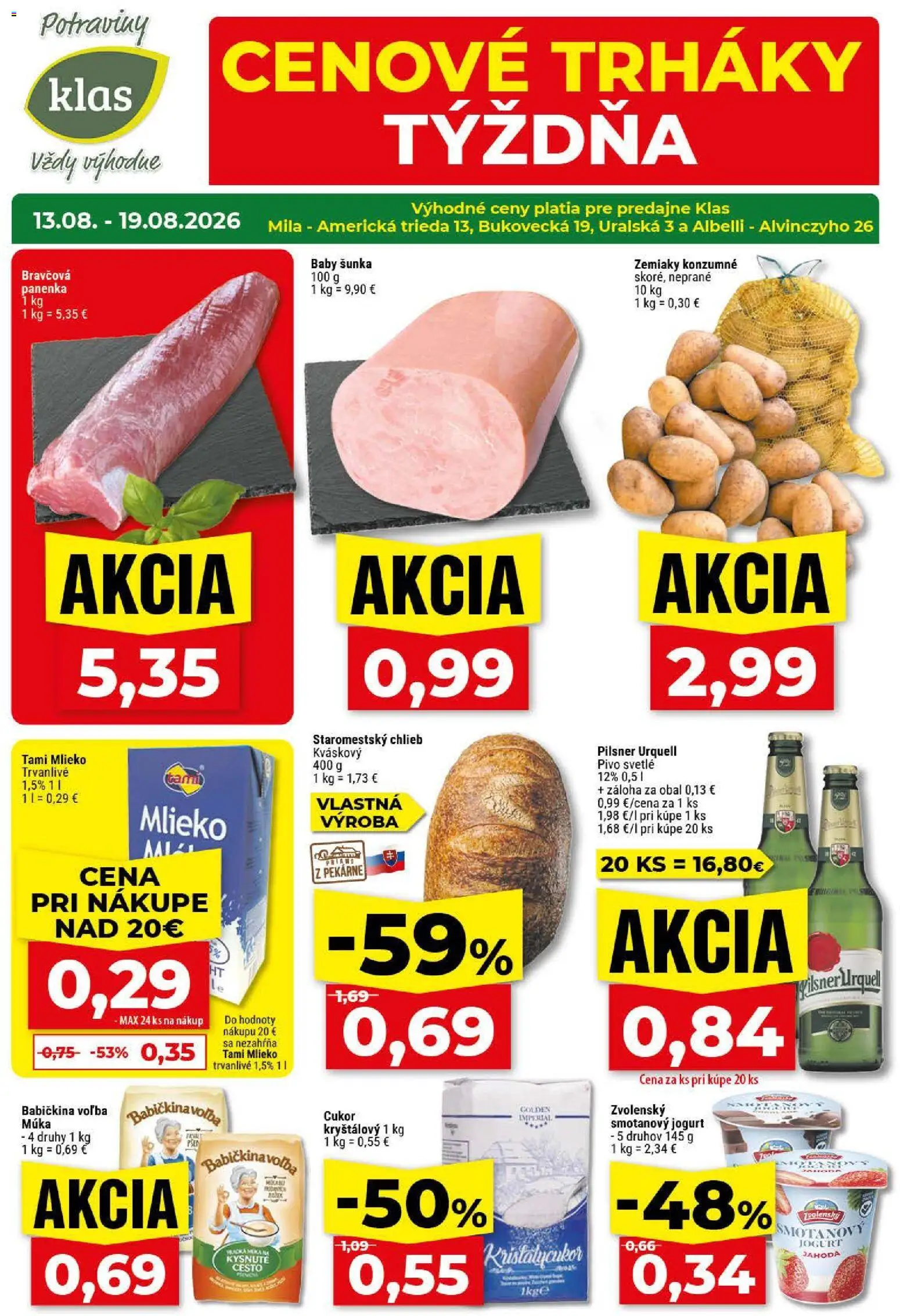 Nové Klas akcie – leták je platný od 13.08.2026 | Strana: 1 | Produkty: Pivo, Cesto, Múka, Zemiaky