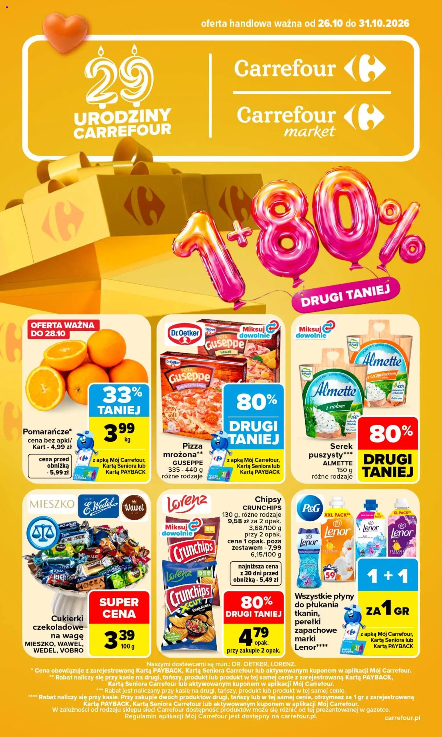 Carrefour gazetka od 26.10.2026 | Strona: 1 | Produkty: Serek, Almette, Pizza, Cukierki