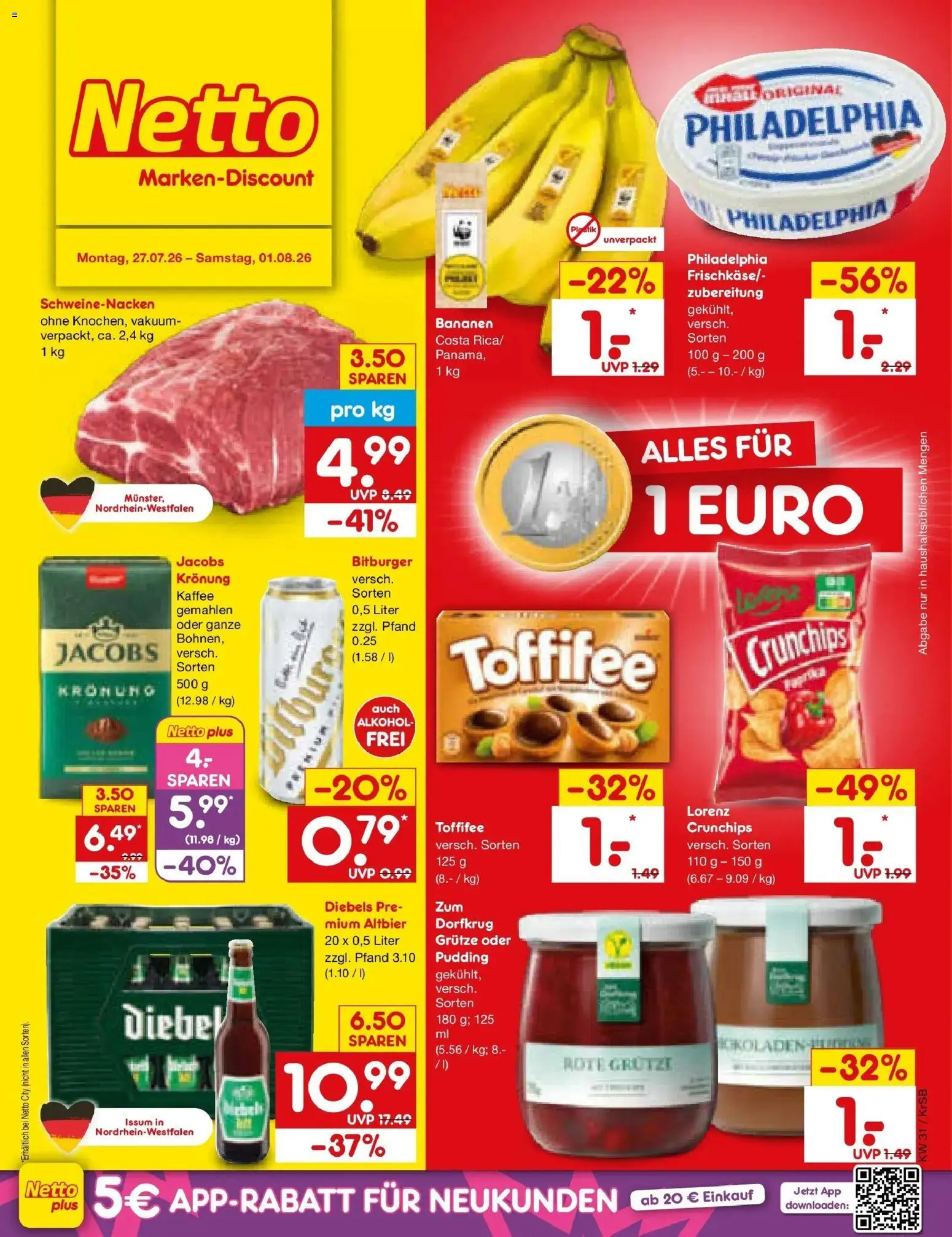 Netto Marken-Discount Prospekt Baesweiler – gültig ab 27.07.2026 | Seite: 1 | Produkte: Philadelphia, Bananen, Toffifee, Diebels